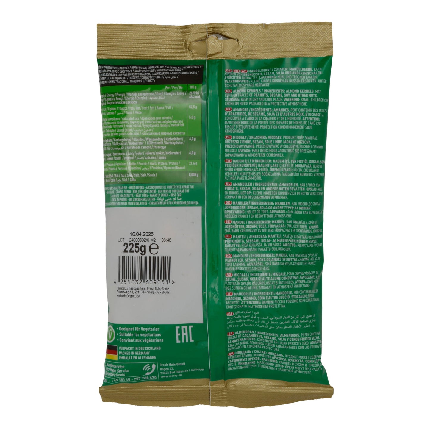 Nüsse Meray | Mandeln | Natürliche Mandelkerne für puren Genuss | 225 g
