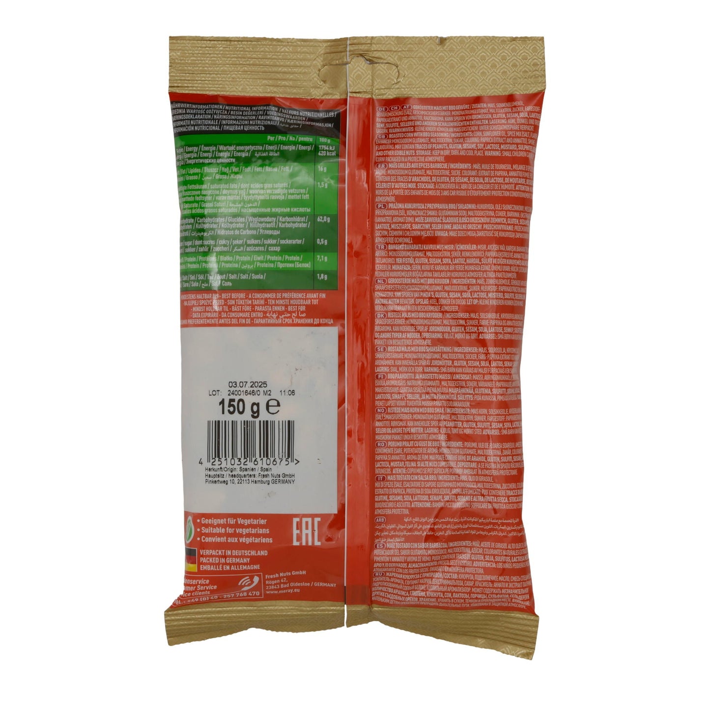 Gerösteter Mais BBQ Meray | Knuspriger Snack | Mit BBQ-Gewürz | 150 g MERAY