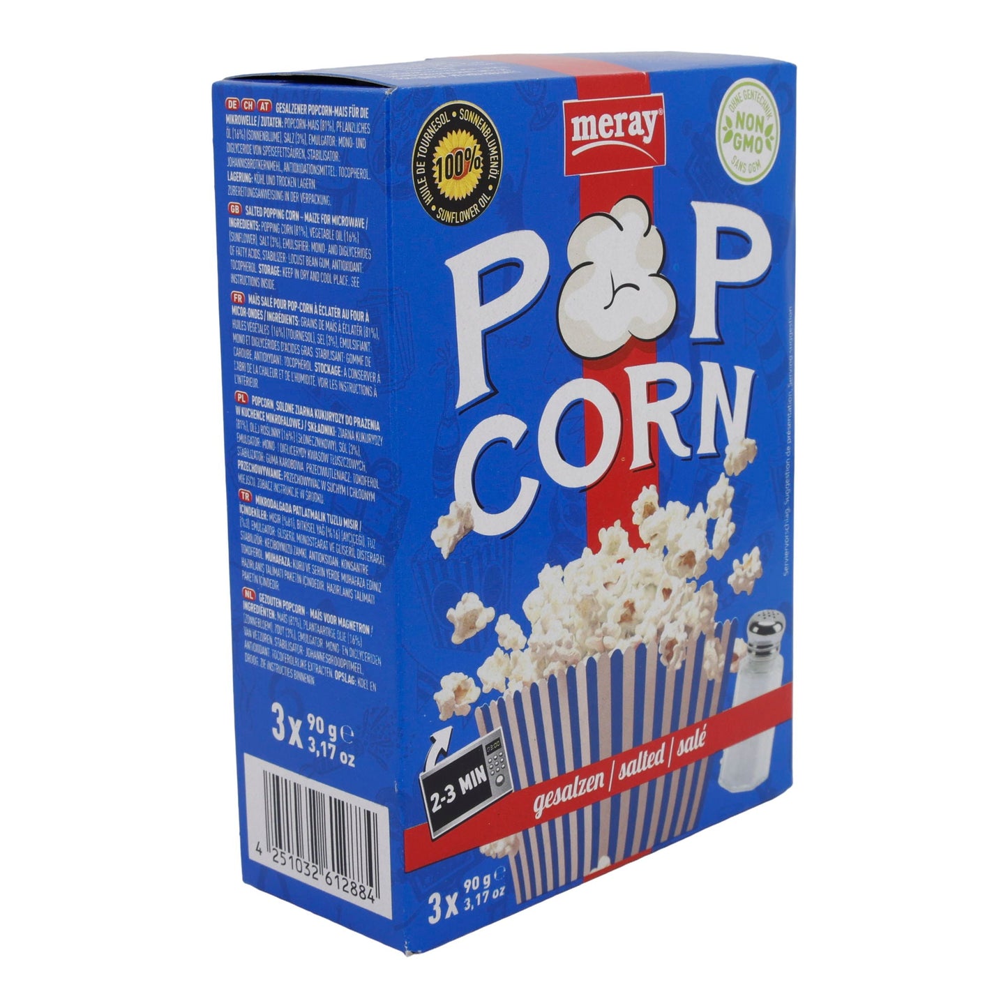 Salz Mikrowellen Popcorn Meray | Süßigkeiten | Leckerer Snack mit 100% Sonnenblumenöl im 3er Pack | 270 g MERAY