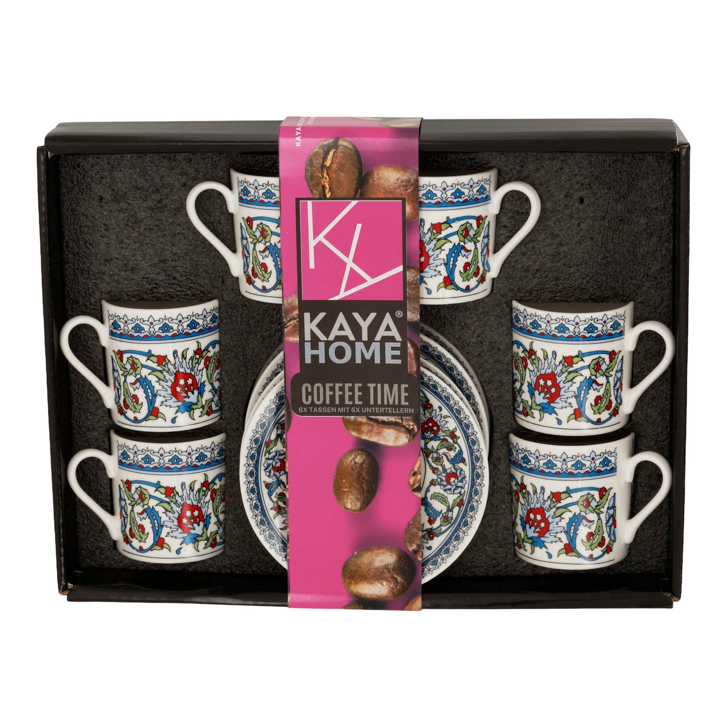 Kaya Home Mocca Tassen Set – 6x Mokkatassen (65 ml) mit 6x Untertassen, Porzellan, orientalisches Design