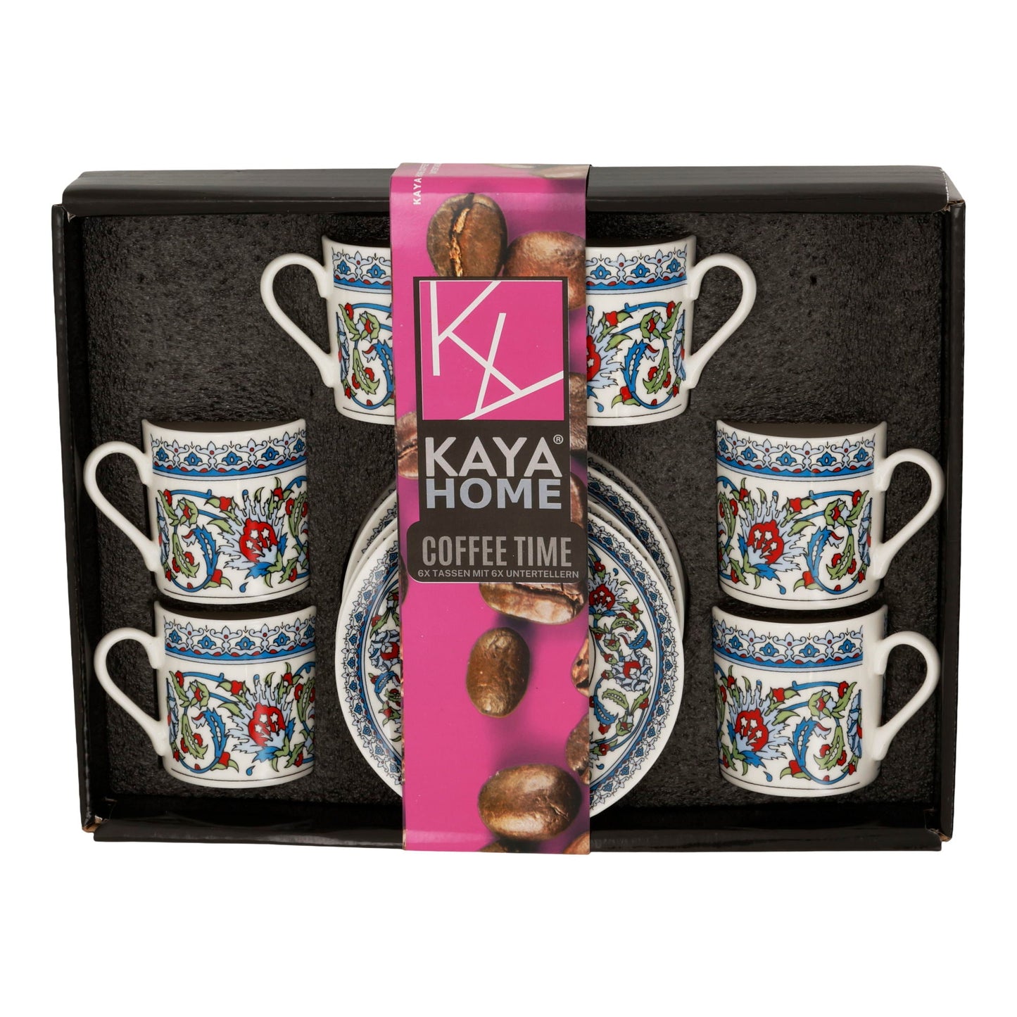 Kaya Home Mocca Tassen Set – 6x Mokkatassen (65 ml) mit 6x Untertassen, Porzellan, orientalisches Design