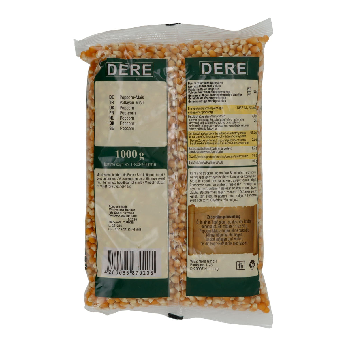 Popcorn-Mais Dere | Patlayan Mısır | Für frischen Snackgenuss | 1000 g DERE
