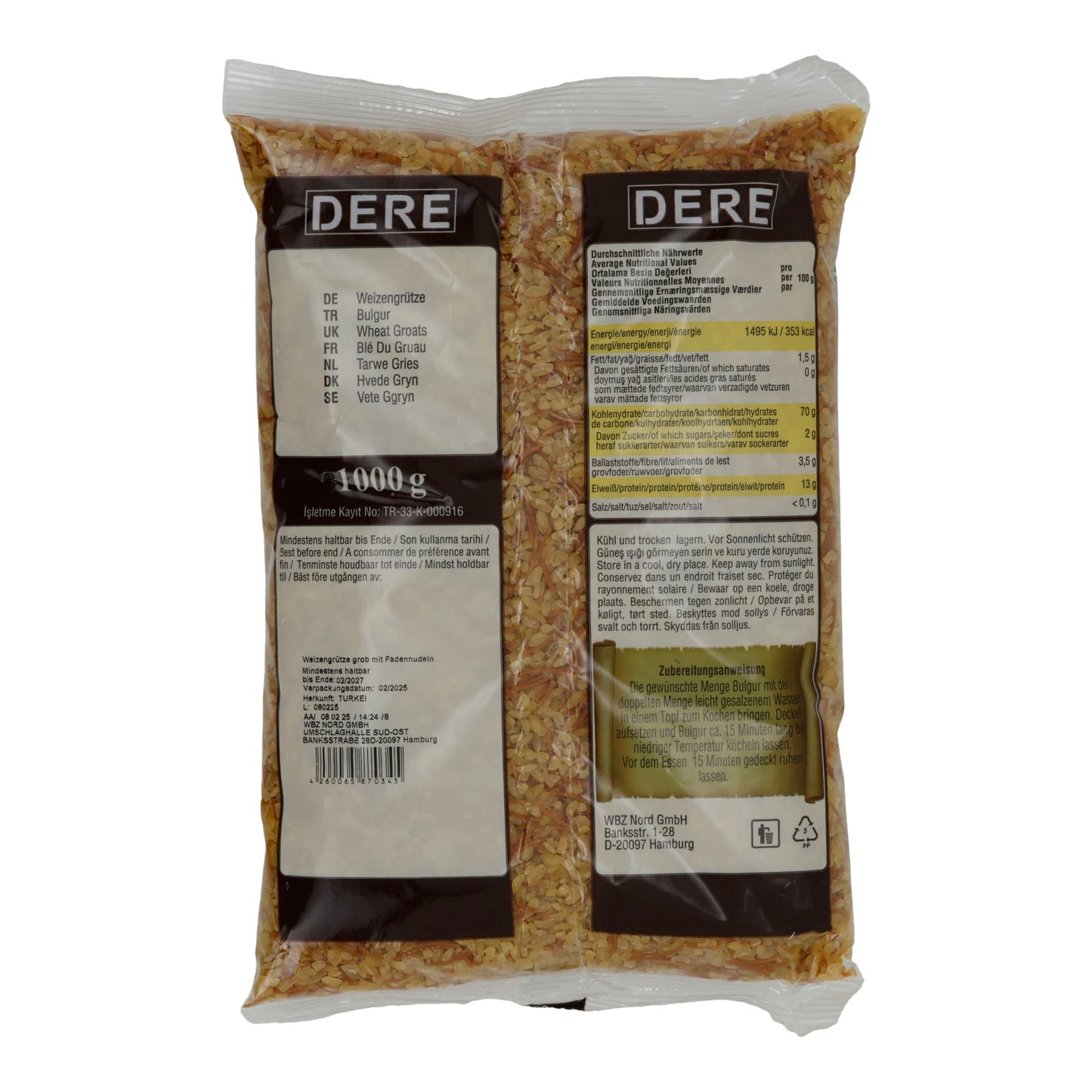 Aromatische Weizengrütze Dere Bulgur Pilavlik mit Fadennudeln | Für traditionellen Bulgur-Pilaw | 1000 g