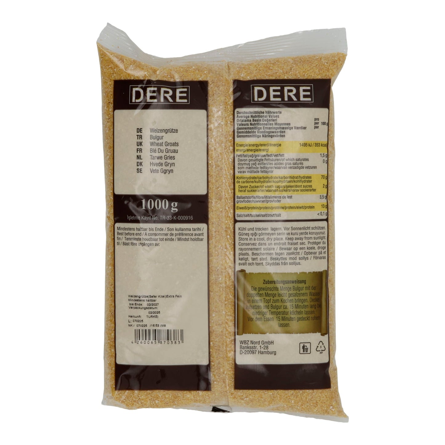 Feine Weizengrütze Dere Bulgur fein | Für leichte orientalische & mediterrane Küche | 1000 g DERE