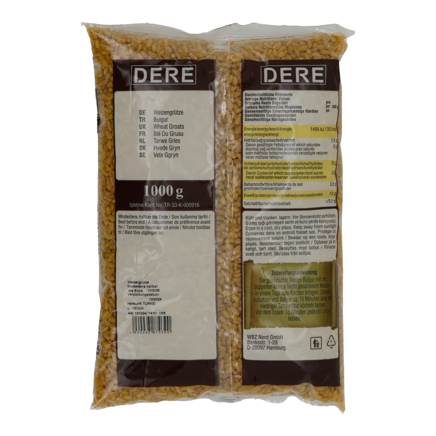 Grove tarwegries Dere Bulgur grof | Traditionele tarwegries voor oosterse & mediterrane smaakbeleving | 1000 g
