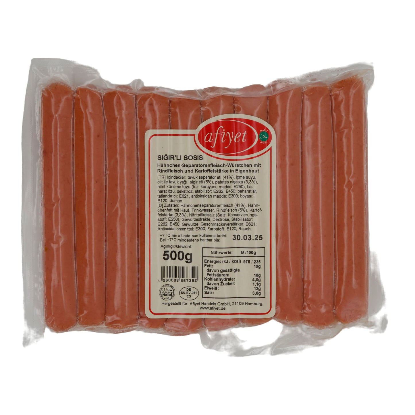Würstchen Afiyet Sığır’lı Sosis | Hähnchen-Rind-Würstchen | Für Grill & Pfanne | 500 g
