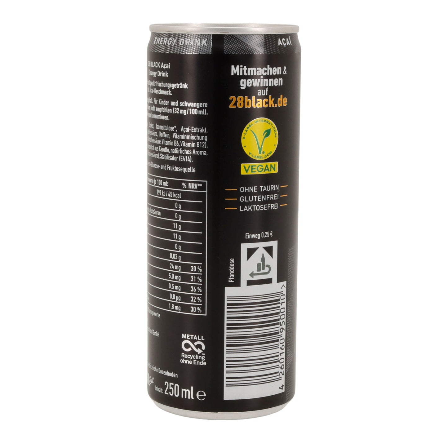 28 BLACK Energy Drink | Açaí-Geschmack | vegan & ohne Taurin | 250 ml
