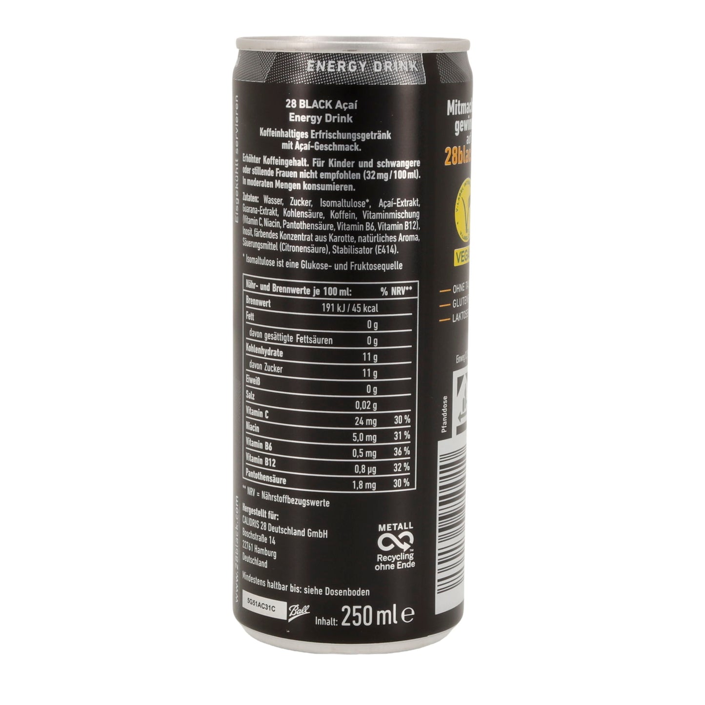 28 BLACK Energy Drink | Açaí-Geschmack | vegan & ohne Taurin | 250 ml