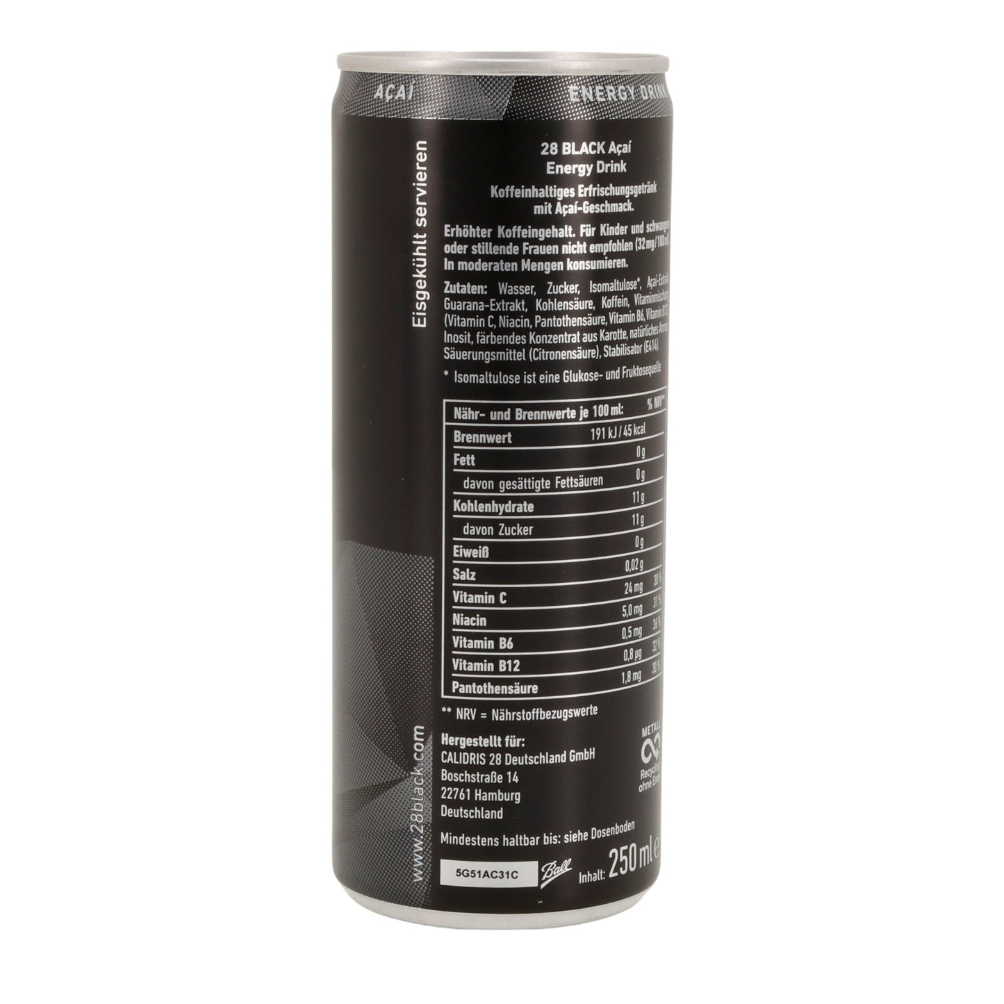 28 BLACK Energy Drink | Açaí-Geschmack | vegan & ohne Taurin | 250 ml