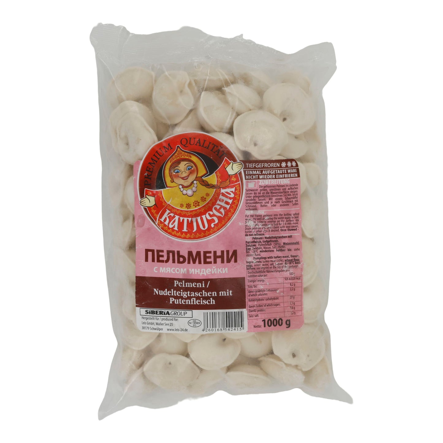 Ravioli di pasta Katjuscha | Con carne di tacchino | Russo, surgelato | 1000 g