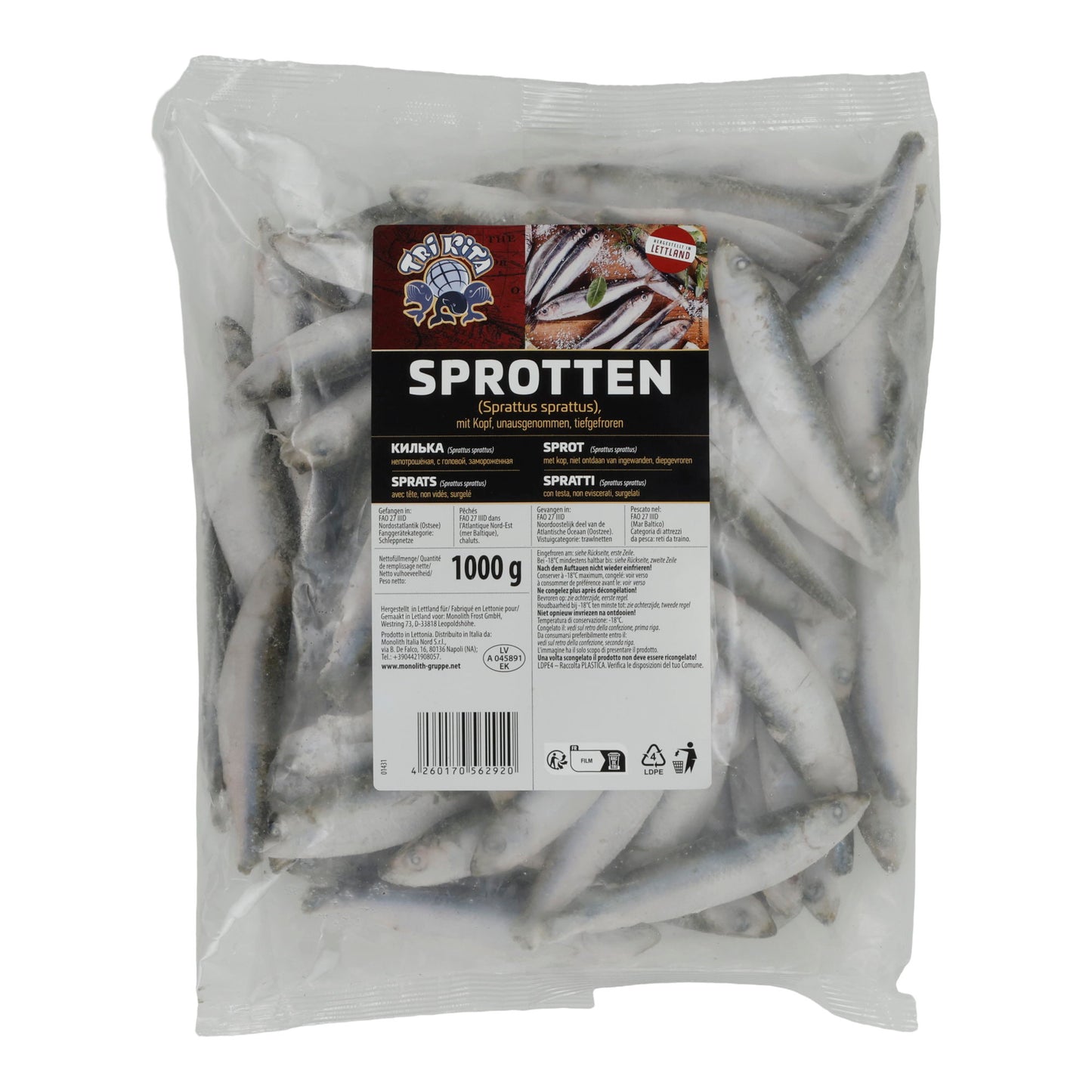 Sprotten Top Fish | Mit Kopf | Ganze, tiefgefroren, Wildfang | 1 kg