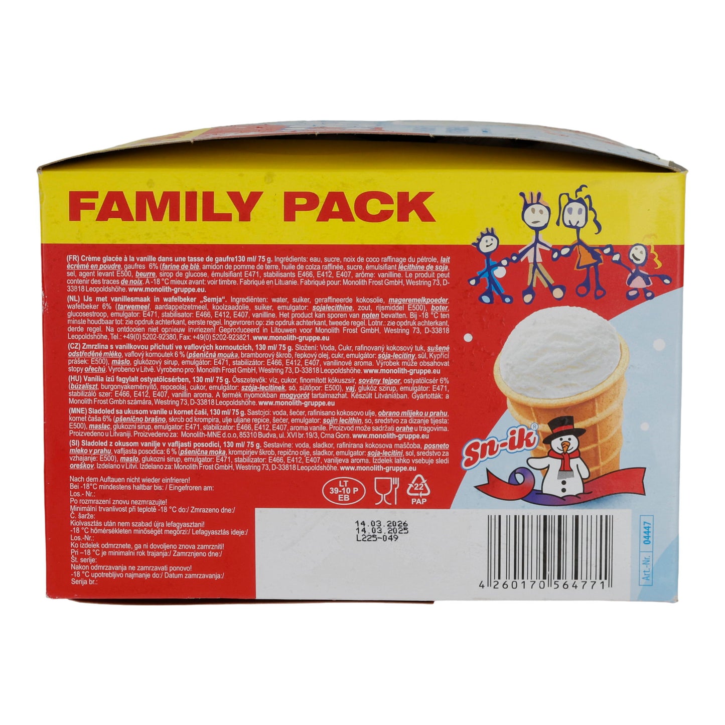 Eis Sn-ik | Gelato alla vaniglia „Semja“ | Cremoso, coppetta di cialda, confezione famiglia (9 pezzi) | 1170 ml / 675 g