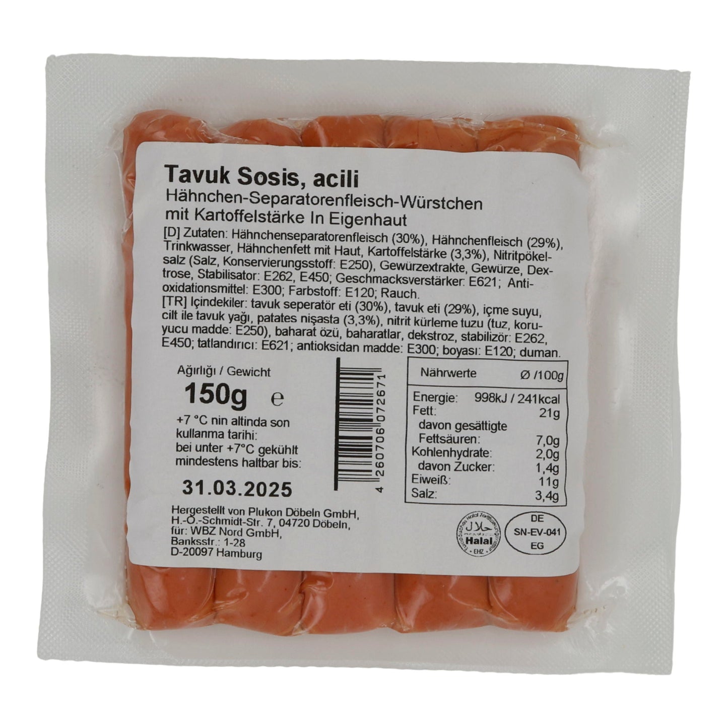 Hähnchenwürstchen Efezade Tavuk Sosis Acılı | Halal-zertifiziert, würzig | 150 g EFEZADE