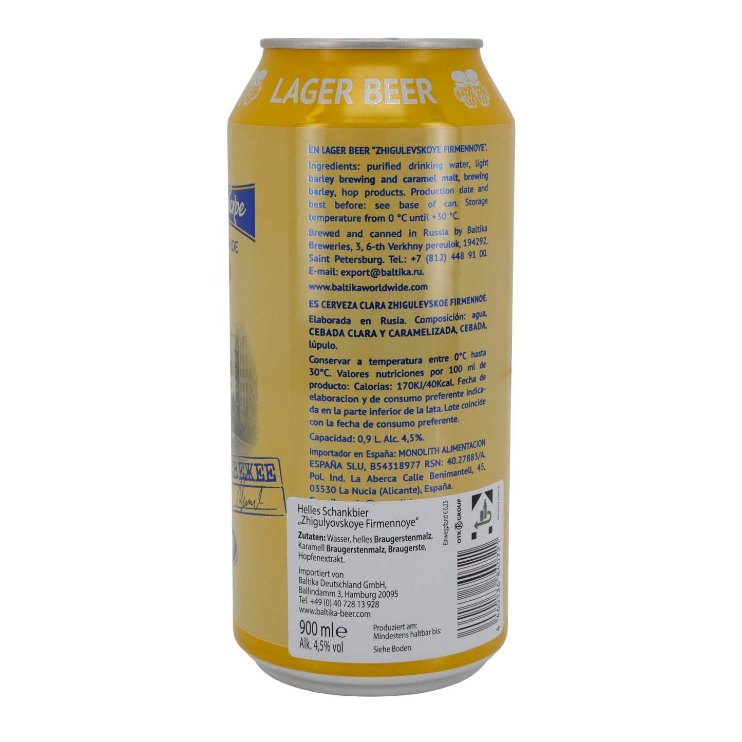 Russisch licht tapbier Zhigulevskoye Firmennoye lagerbier | Bier | 900 ml blik