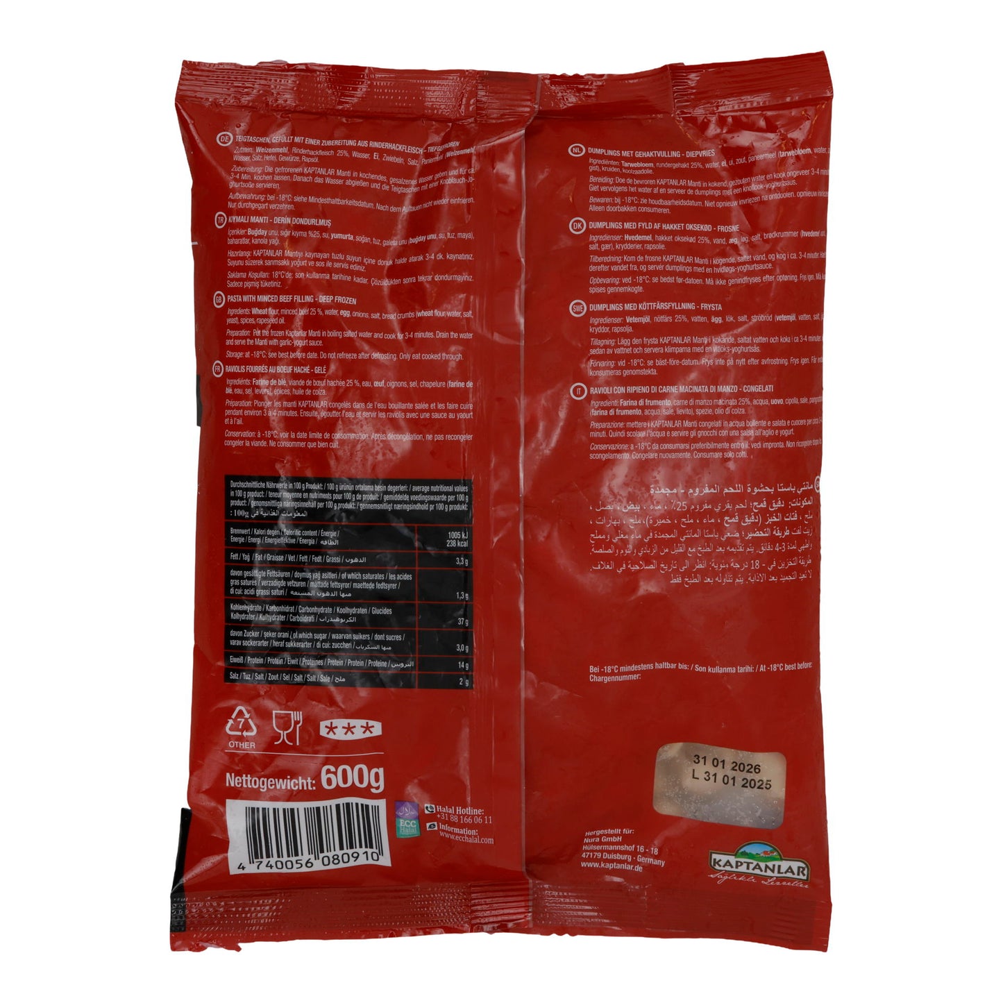 Teigtaschen Kaptanlar | Kıymalı Manti | Rinderhackfüllung, Halal, tiefgefroren | 600g