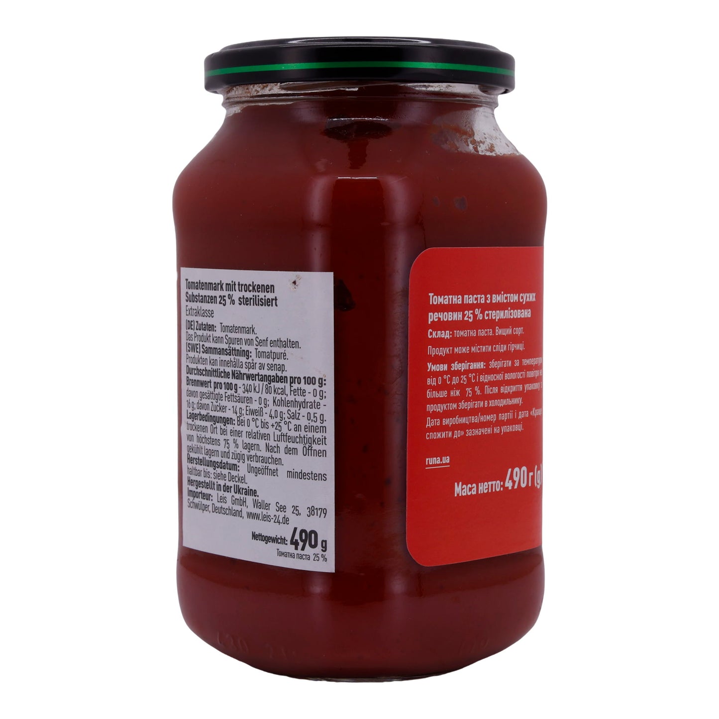 Tomatenpaste Runa | 25 % trockene Substanzen | Hochwertiges Tomatenmark aus der Ukraine | 490 g