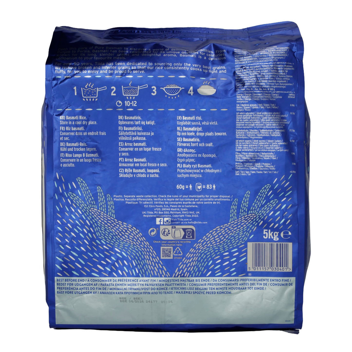 Reis Tilda | Pure Basmati Rijst | Aromatische Langkorrelrijst voor veelzijdige gerechten | 5 kg