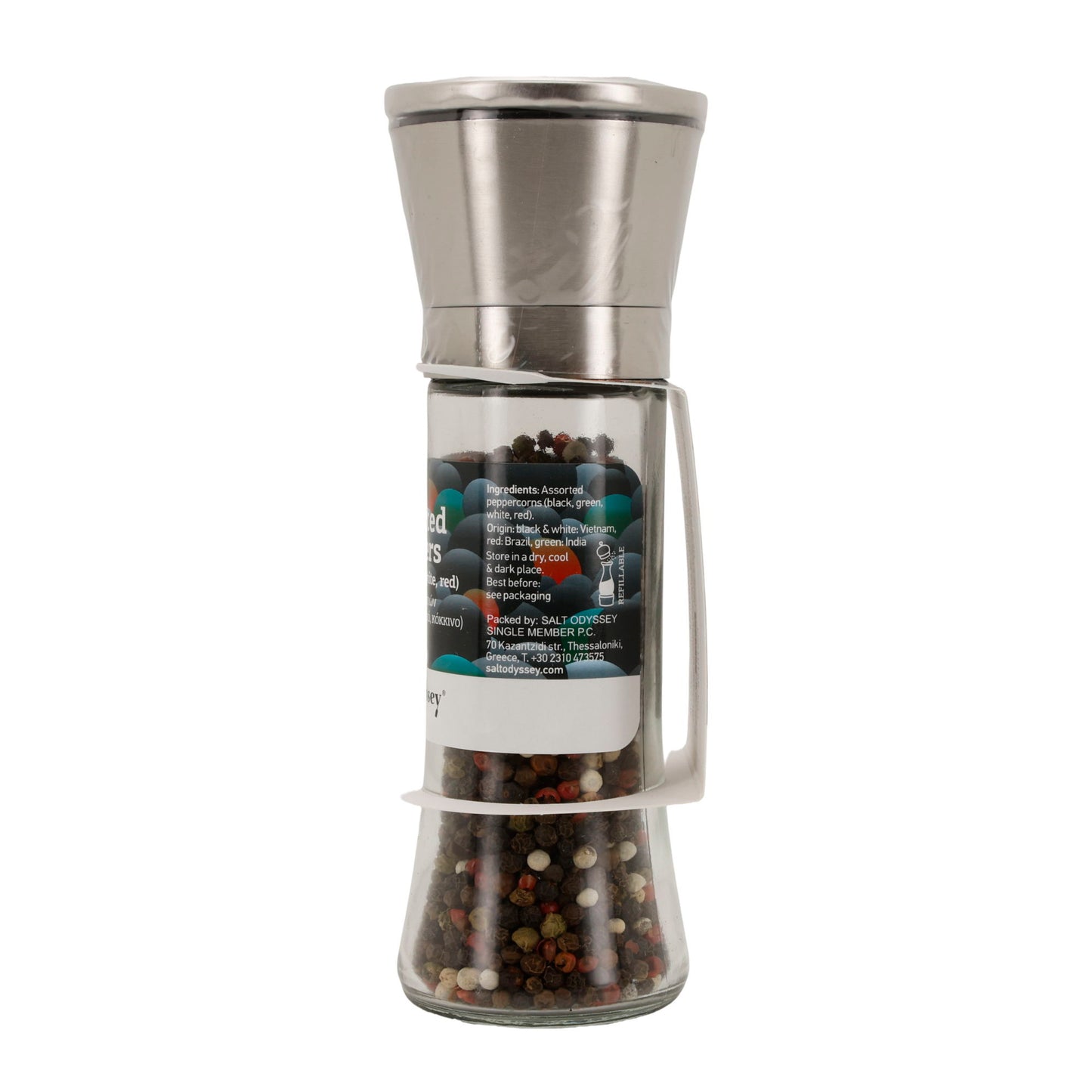 Pfeffermühle Salt Odyssey | Bunte Pfeffermischung | Schwarz, Grün, Weiß, Rot | 80 g Mühle