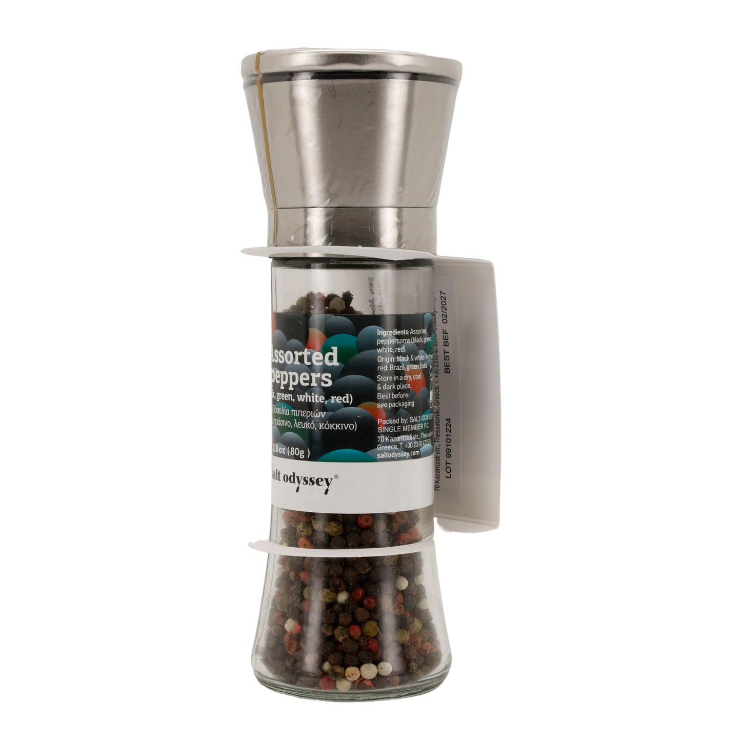 Pfeffermühle Salt Odyssey | Bunte Pfeffermischung | Schwarz, Grün, Weiß, Rot | 80 g Mühle