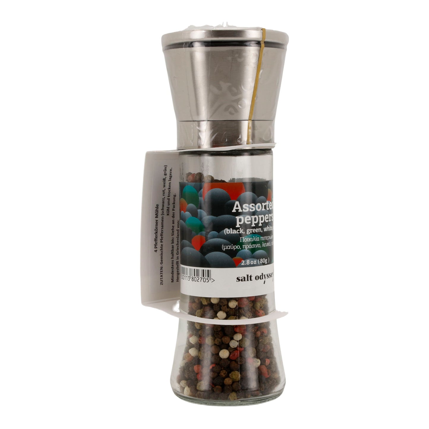 Pfeffermühle Salt Odyssey | Bunte Pfeffermischung | Schwarz, Grün, Weiß, Rot | 80 g Mühle