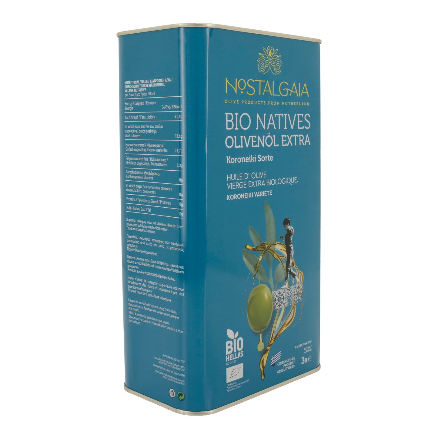 Bio-Olivenöl extra nativ | Nostalgia | Koroneiki Sorte | 3 Liter – kaltgepresst, griechisches Produkt, BIO-zertifiziert