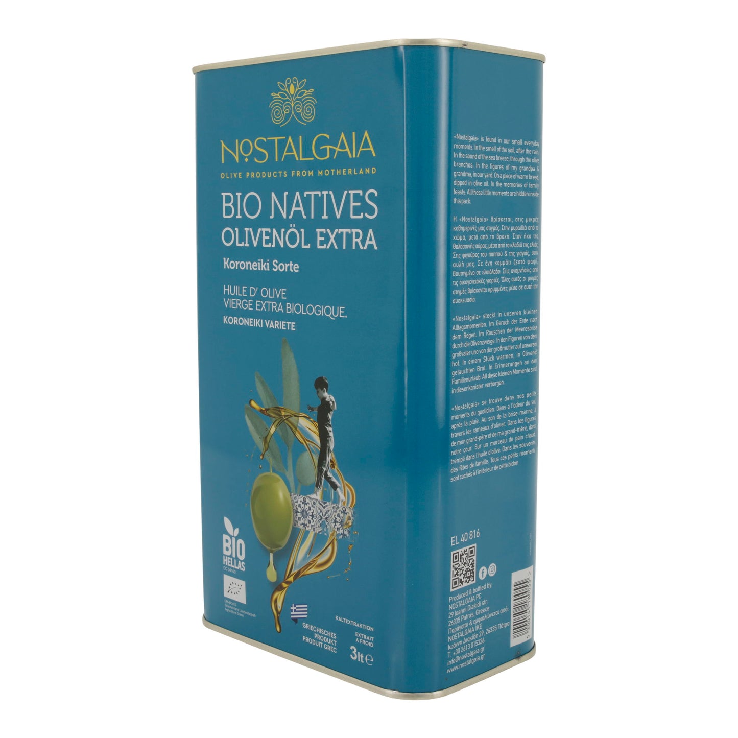 Bio-Olivenöl extra nativ | Nostalgia | Koroneiki Sorte | 3 Liter – kaltgepresst, griechisches Produkt, BIO-zertifiziert