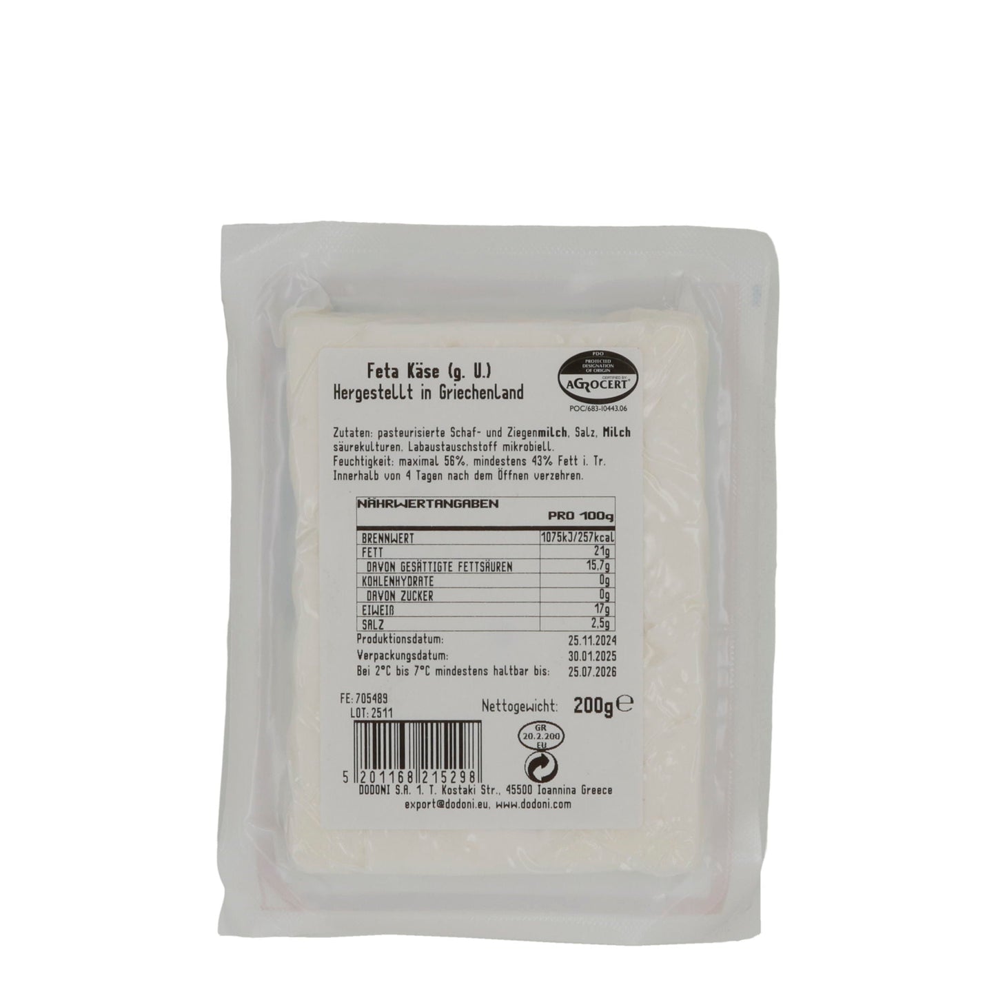 Feta Dodoni (PDO) | Original griechischer Feta-Käse | 200 g DODONI
