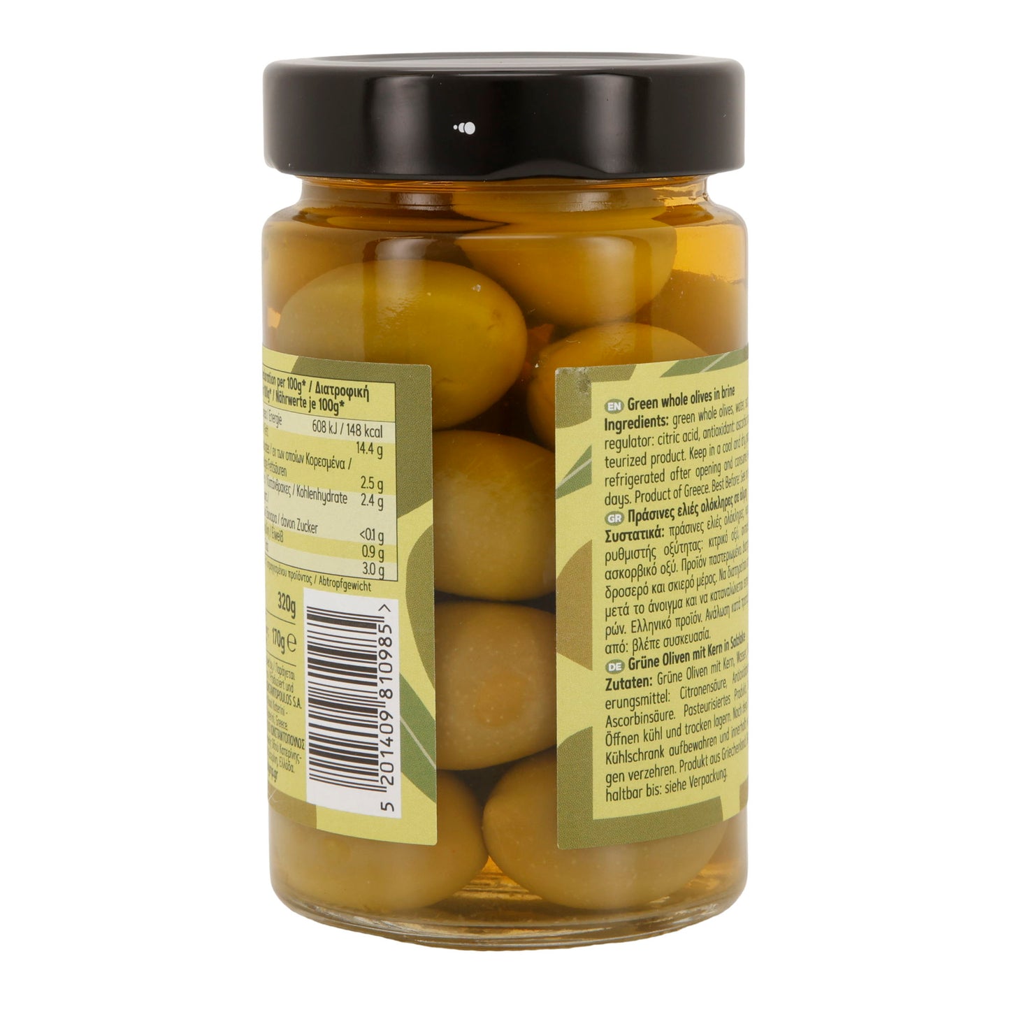 Grüne Oliven Olymp | Ganze Chalkidiki-Oliven mit Kern | Vegan, Glutenfrei, Non-GMO | 320 g Glas