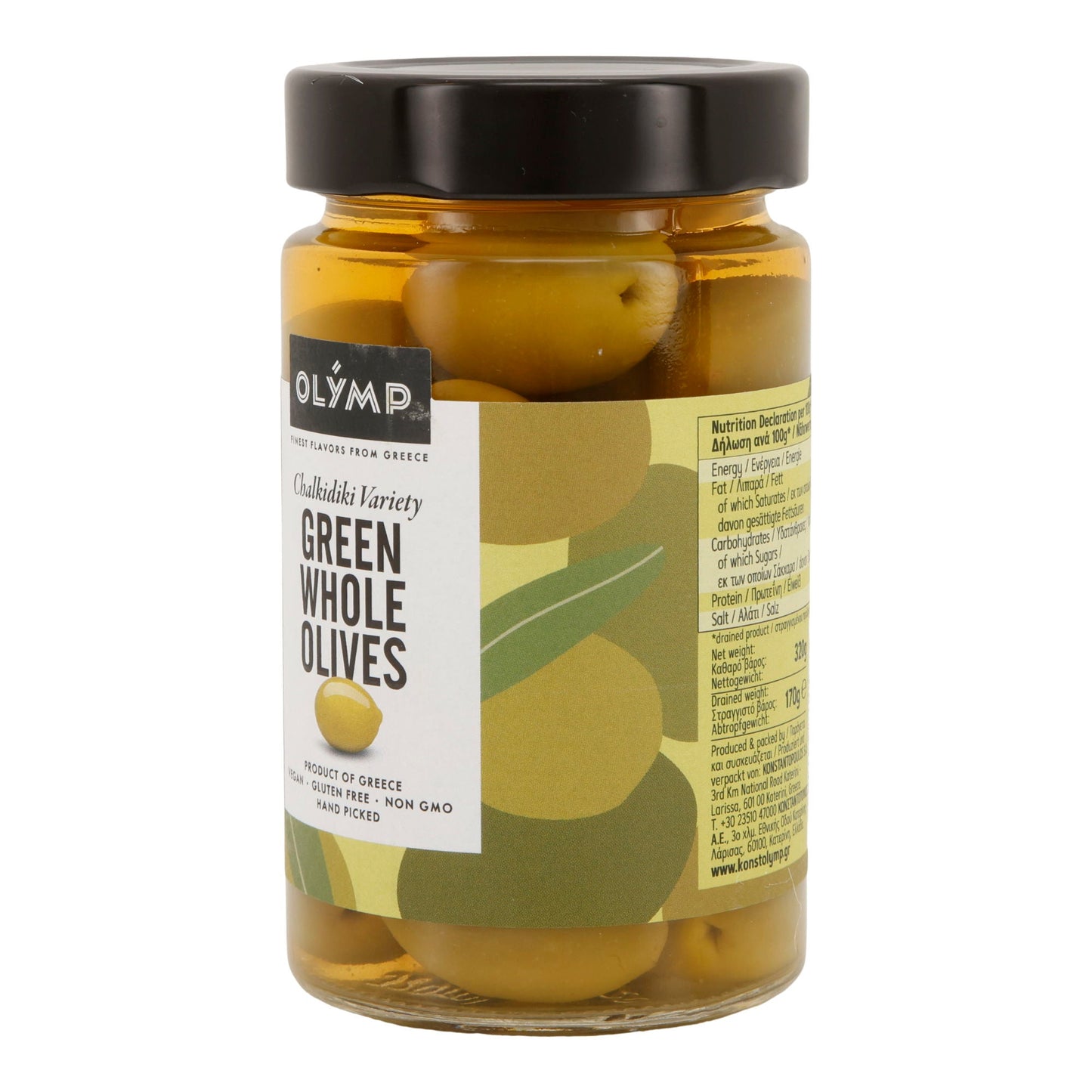 Grüne Oliven Olymp | Ganze Chalkidiki-Oliven mit Kern | Vegan, Glutenfrei, Non-GMO | 320 g Glas Olymp Konstantopoulos