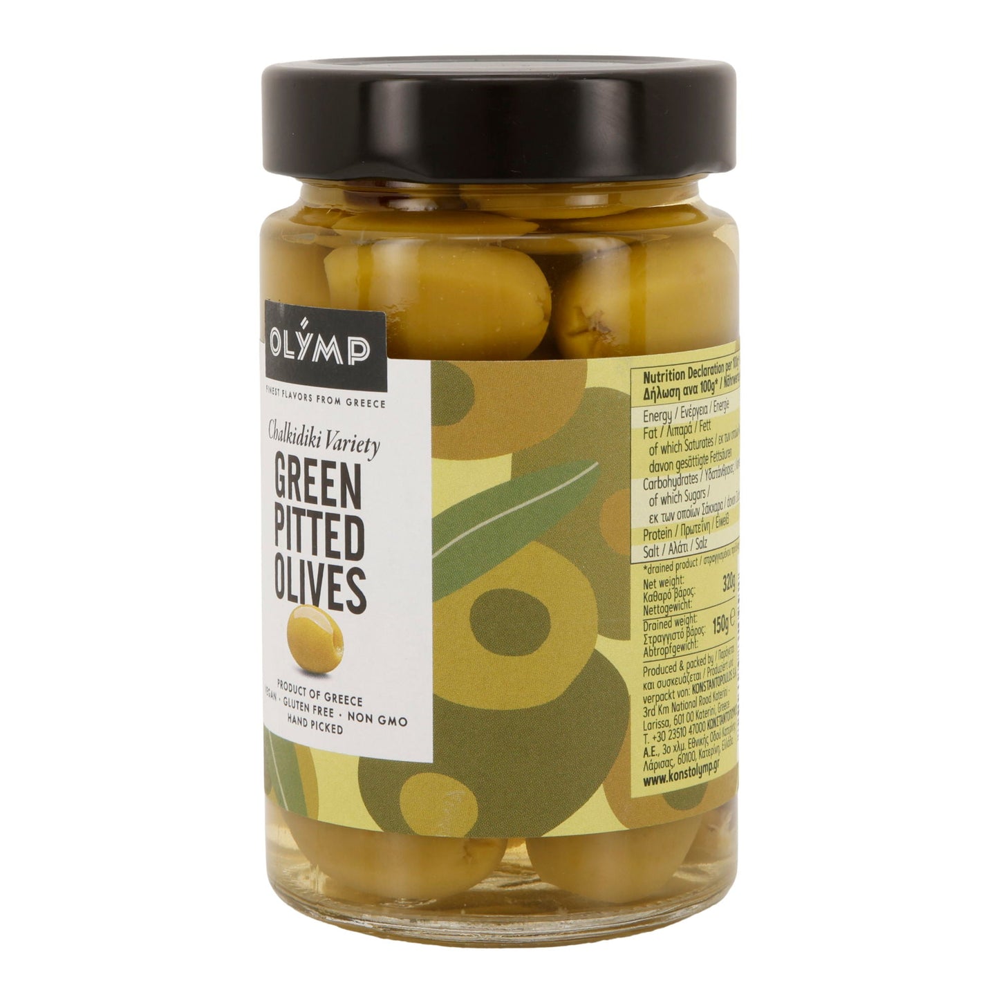 Grüne Oliven Olymp | Chalkidiki entsteint | Vegan, Glutenfrei, Non-GMO | 320 g Glas Olymp Konstantopoulos