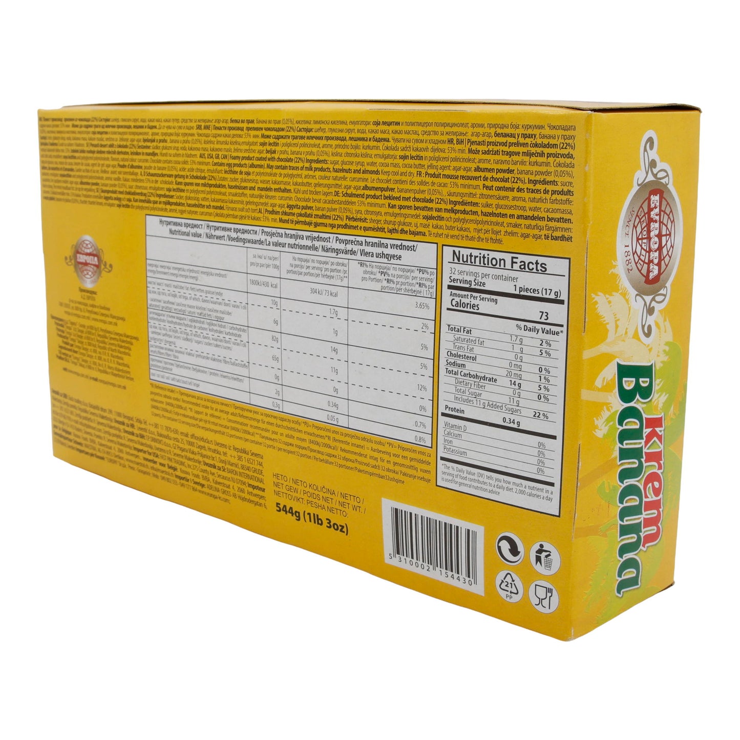 Bananencrème Evropa Krem Banaan | Snoep | met bananensmaak en chocoladeglazuur | 32 stuks, 544g