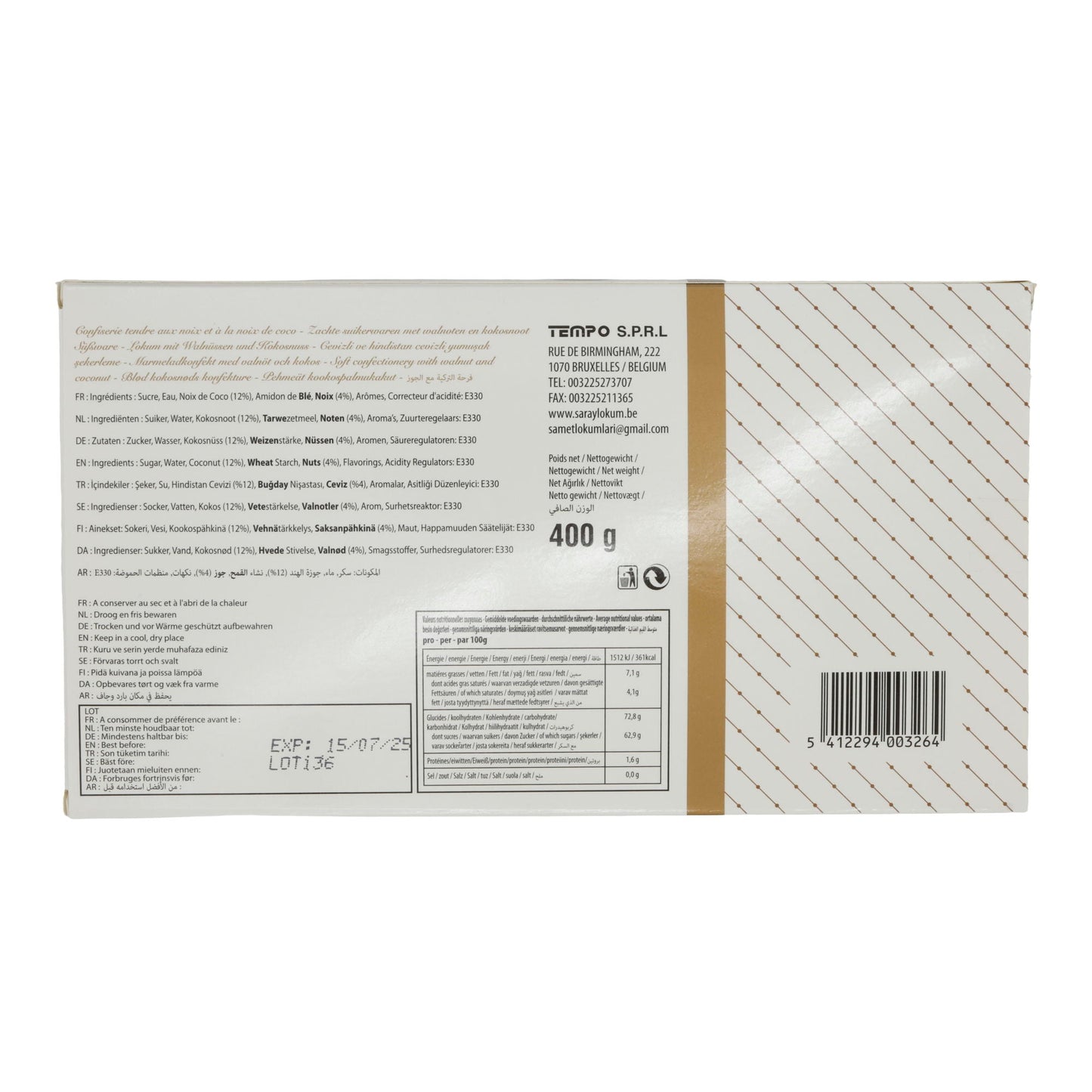 Turkish Delight Saray | Süßware | Lokum mit Walnüssen | 400 g SARAY