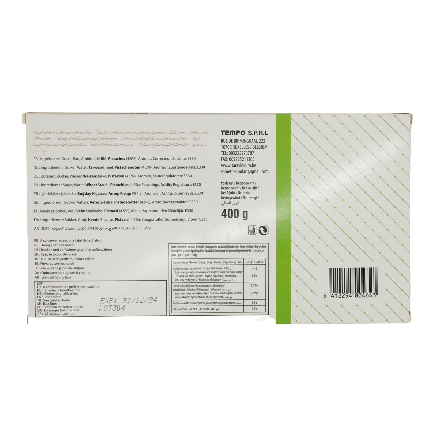 Lokum Turkish Delight Saray | Snoep | Met Pistachenoten | 400 g