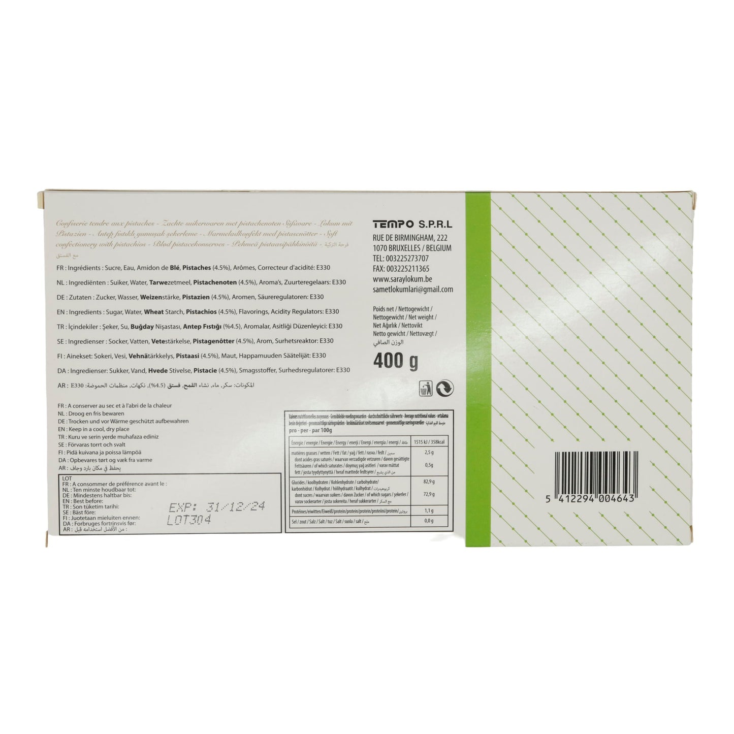 Lokum Turkish Delight Saray | Süßigkeit | Mit Pistazien | 400 g SARAY