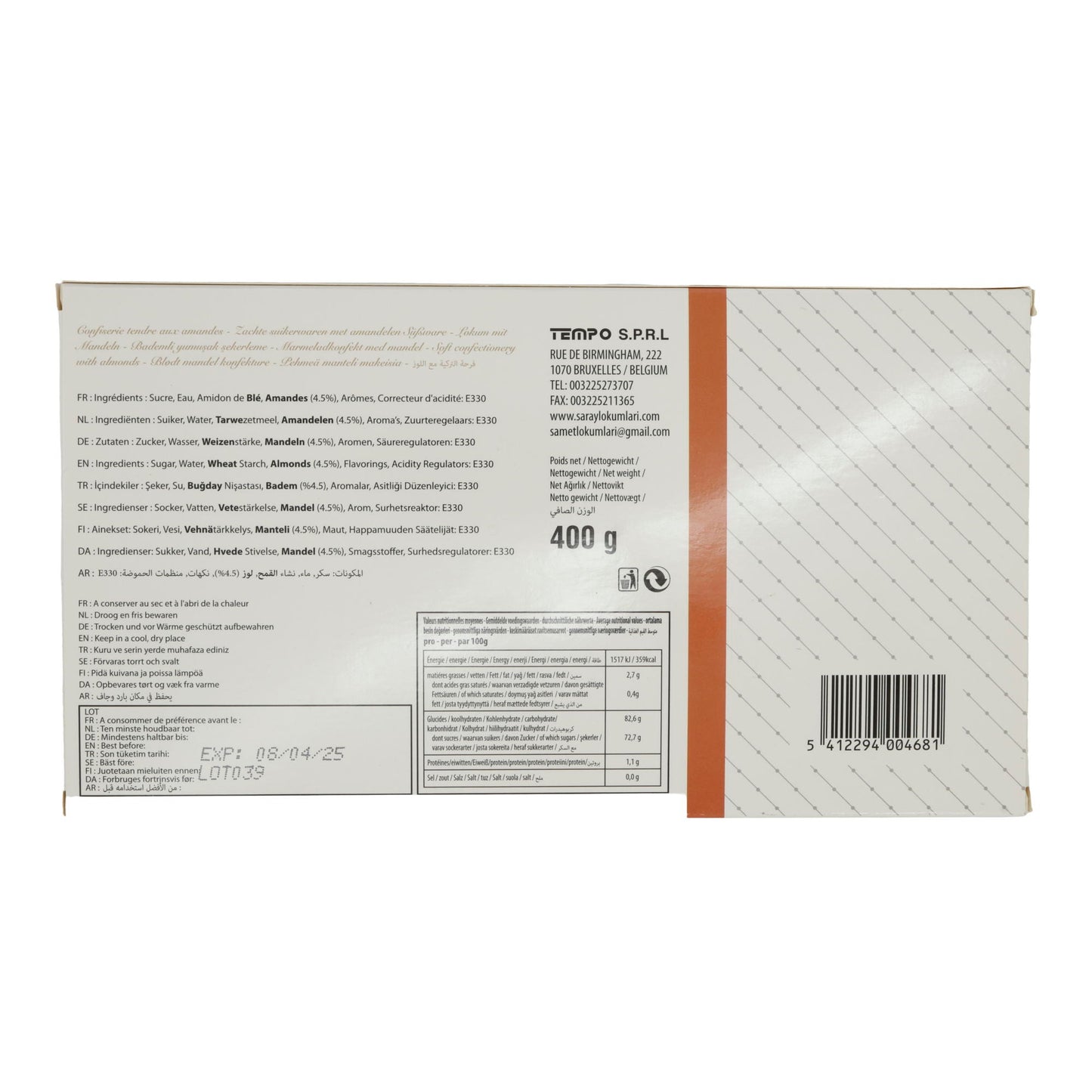 Turkish Delight Saray | Lokum | Mit Mandeln | 400 g SARAY