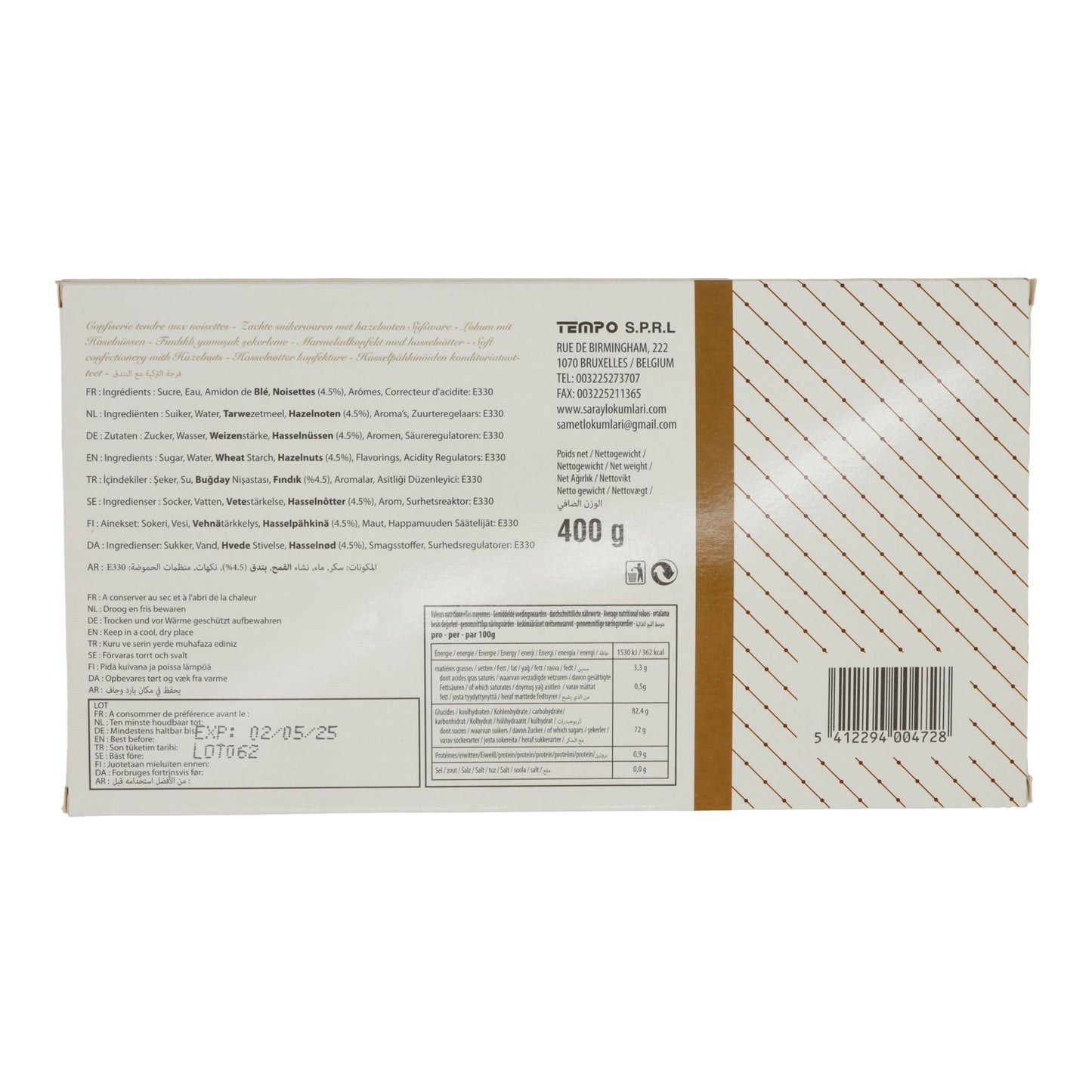 Lokum Turkish Delight Saray | Snoep | Met hazelnoten | 400 g