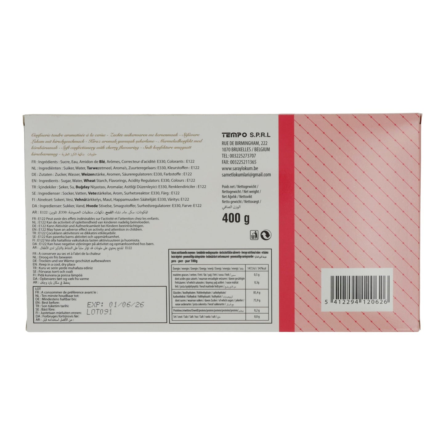Kirschgeschmack Saray Turkish Delight | Süßigkeit | Lokum mit fruchtiger Note | 400 g SARAY