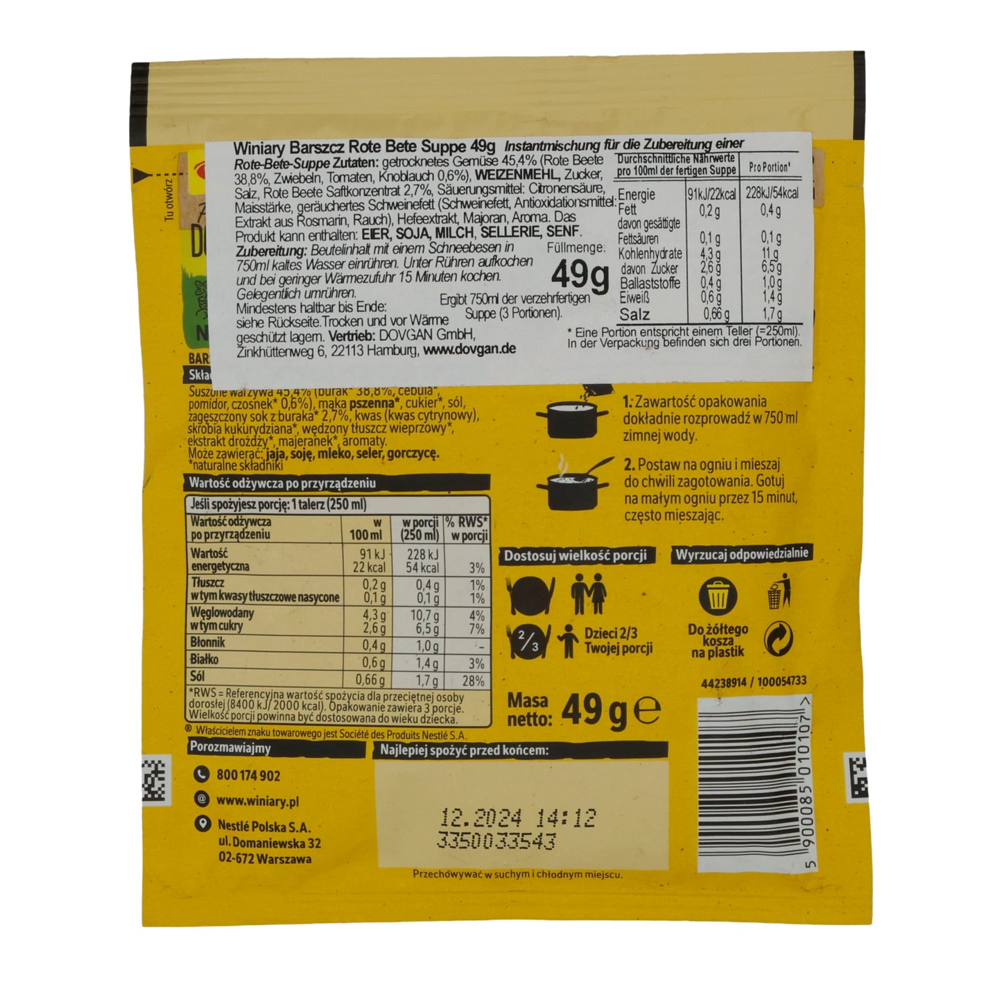 Suppe Winiary | Barszcz Czerwony | Für 3 Portionen, rote Bete, Polen | 49 g