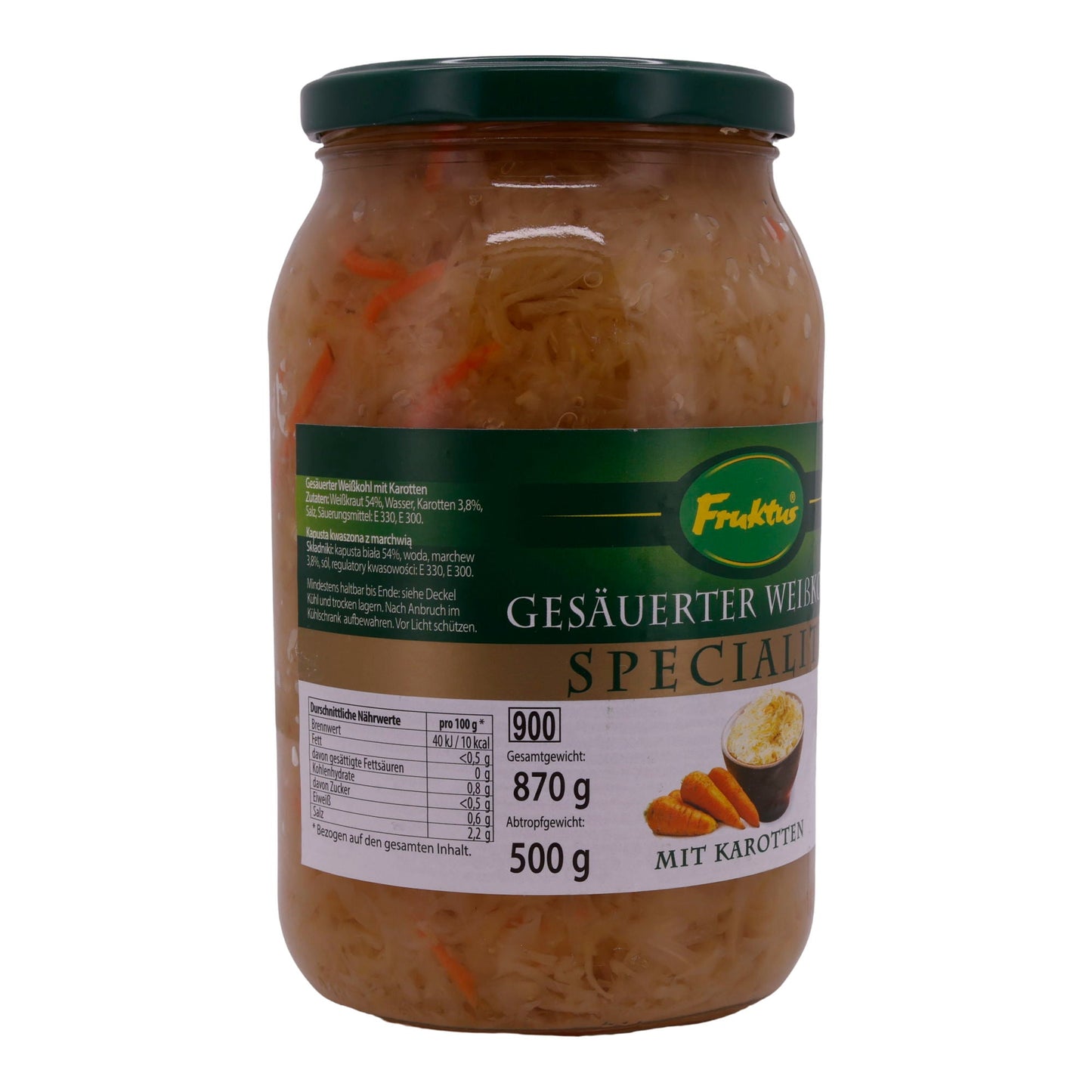 Weißkohl Fruktus | Gesäuert mit Karotten | Spezialität | 870 g Gesamt, 500 g Abtropfgewicht FRUKTUS