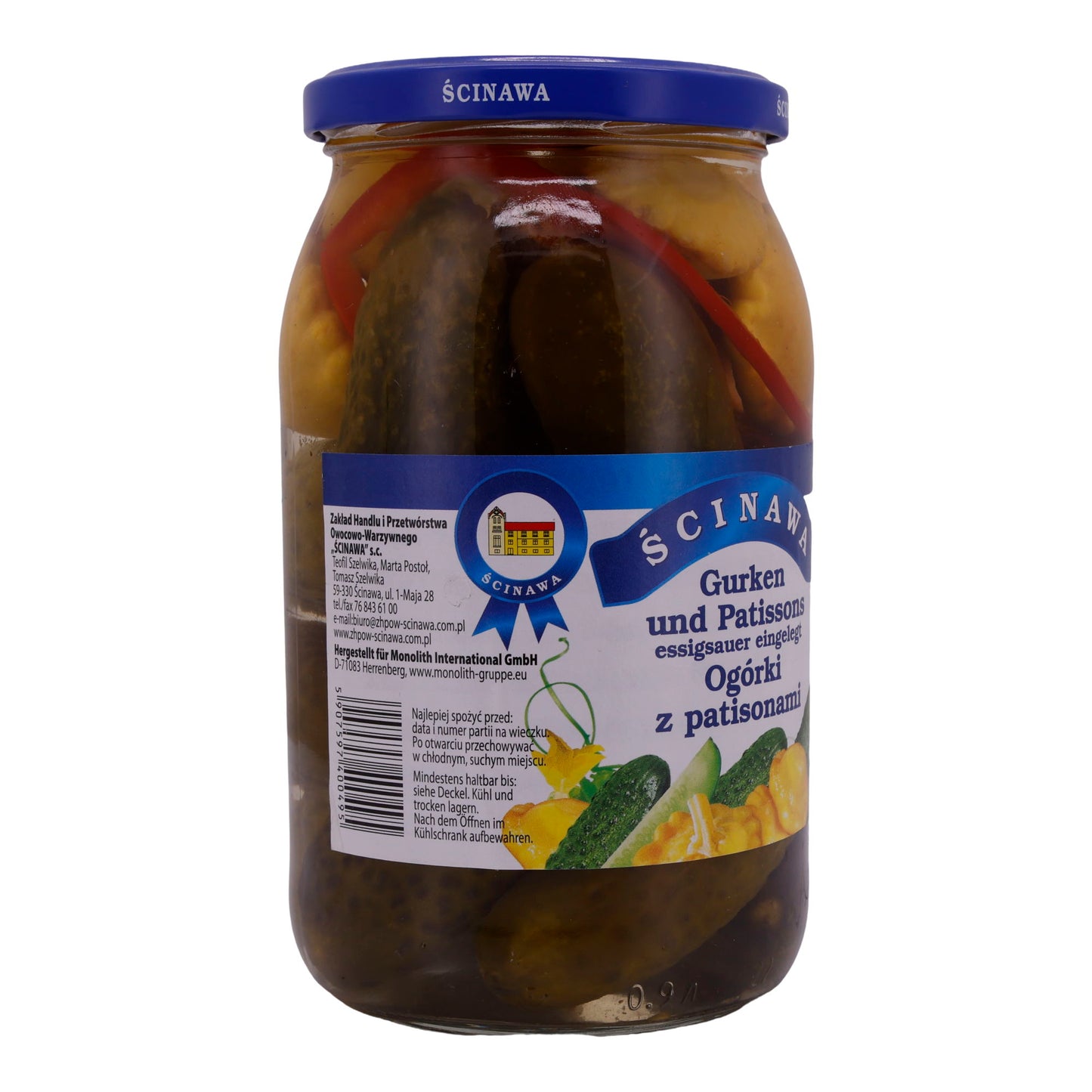 Cetrioli sottaceto Ścinawa | Cetrioli & Patisson | Sottaceto acido | 900 g