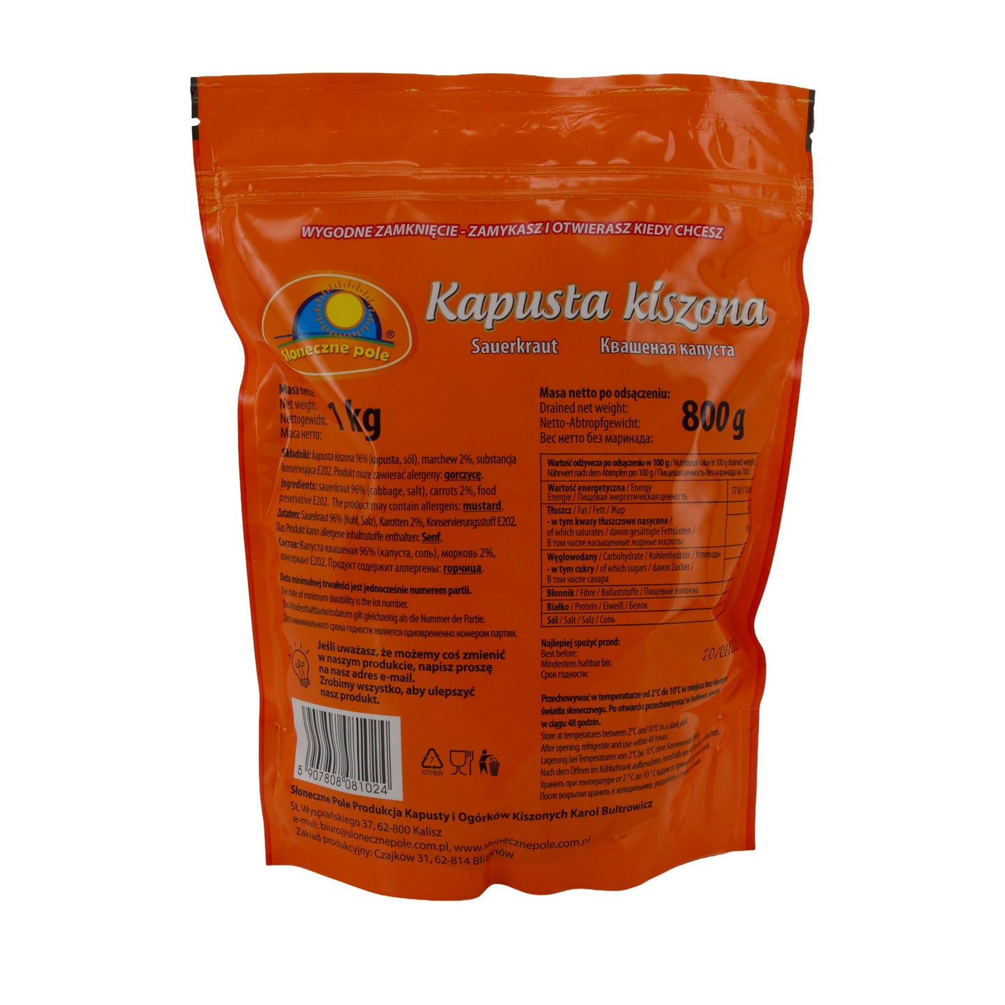 Crauti Słoneczne Pole Kapusta Kiszona | Sauerkraut | Crauti polacchi tradizionali | 1 kg