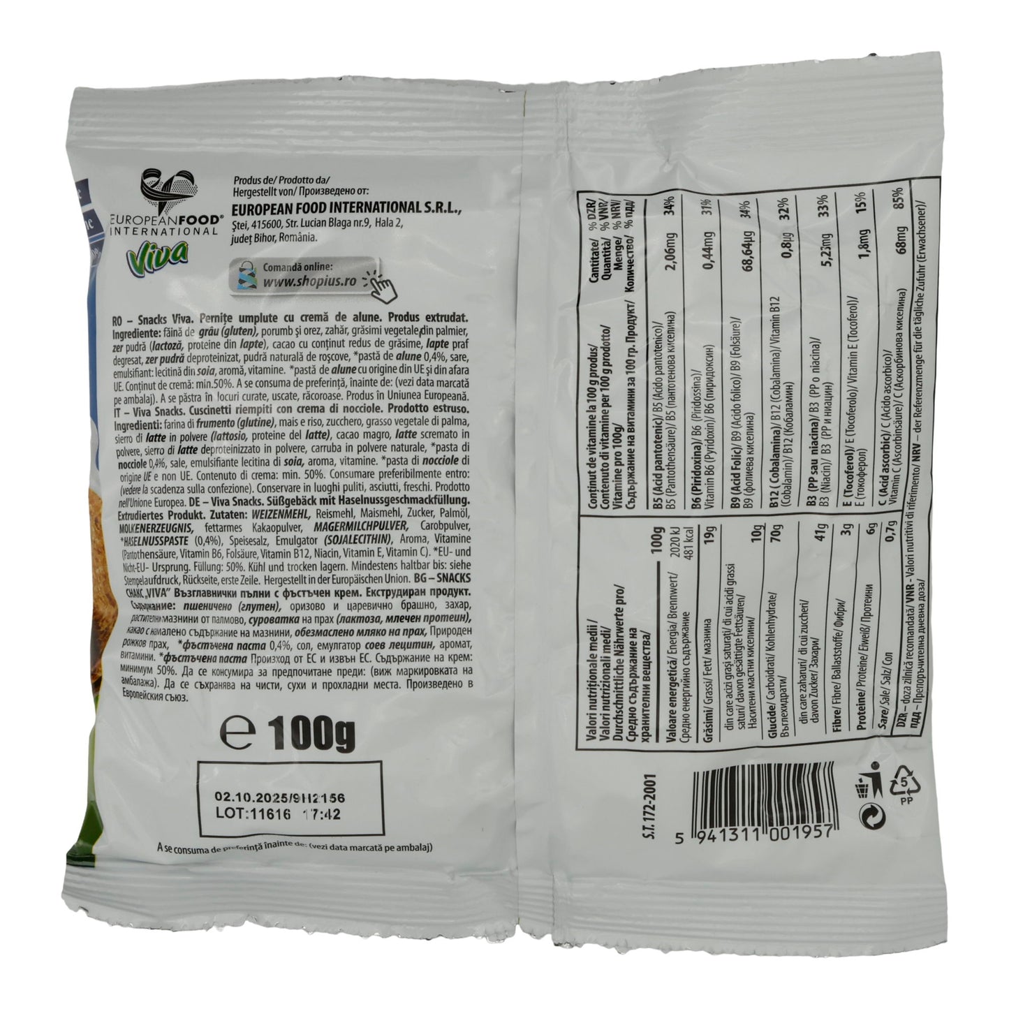 Cuscini ripieni di crema di nocciole Viva | Cuscini croccanti | Con ripieno di crema di nocciole | 100 g