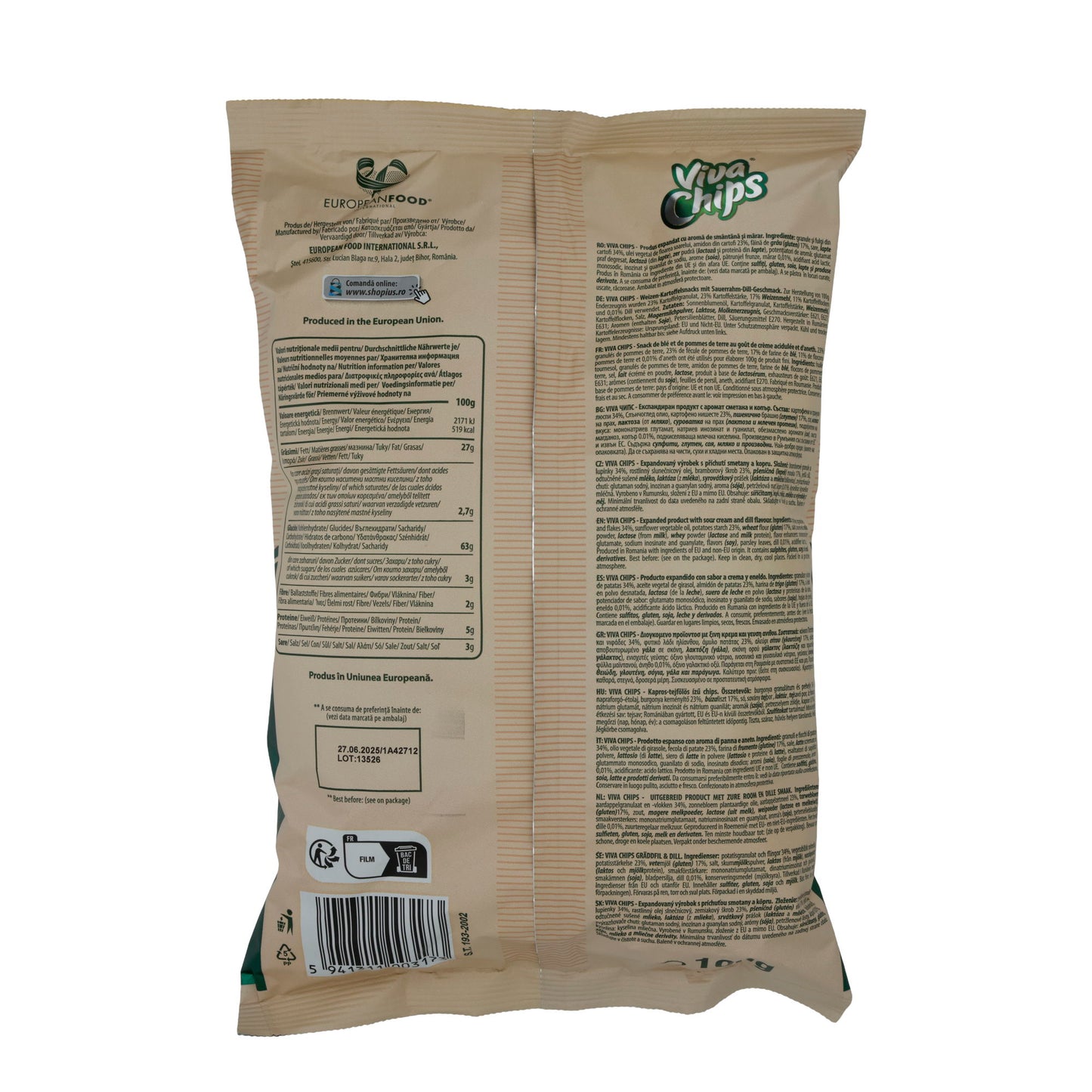 Chips Viva | Sour Cream & Dill Style | Knuspriger Snack mit Sauerrahm-Dill-Geschmack | 100 g