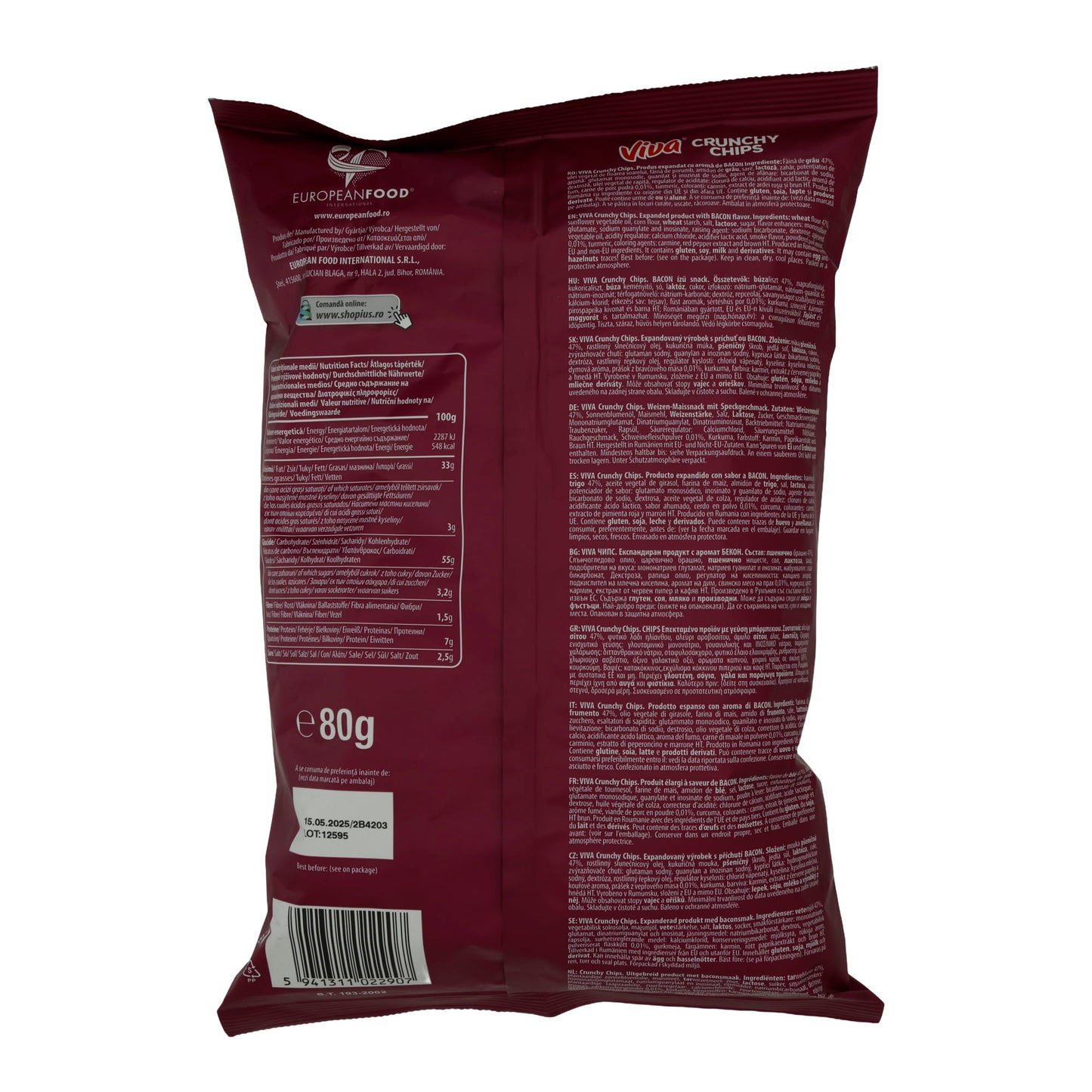Crunchy Chips Viva | Bacon Strips | Knapperige snack met bacon smaak | 80 g
