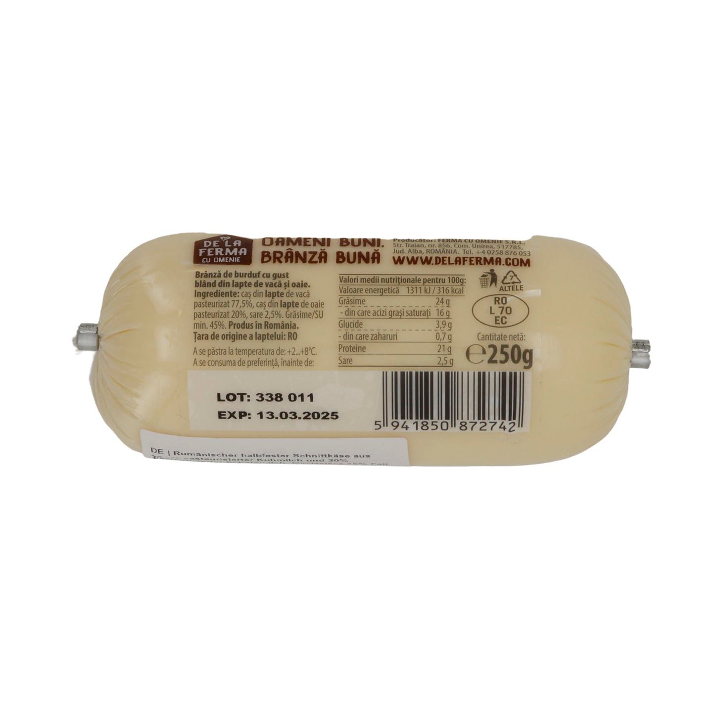 Formaggio a fette De La Ferma Brânză de Burduf | Formaggio a fette | Formaggio rumeno di latte vaccino e di pecora | 250 g