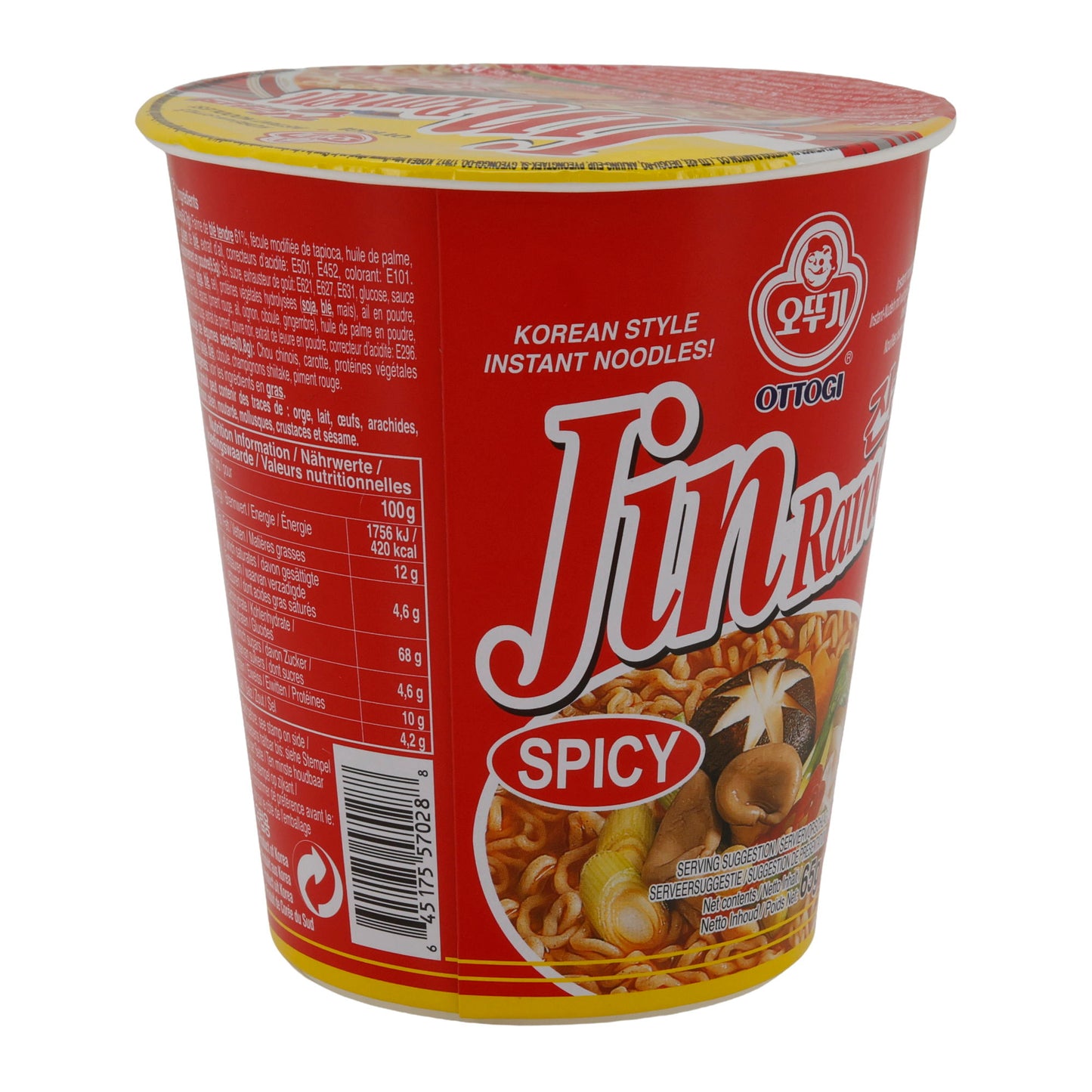 Jin Ramen Épicé Ottogi | Nouilles instantanées | Coréen avec une saveur piquante | Pot de 65 g