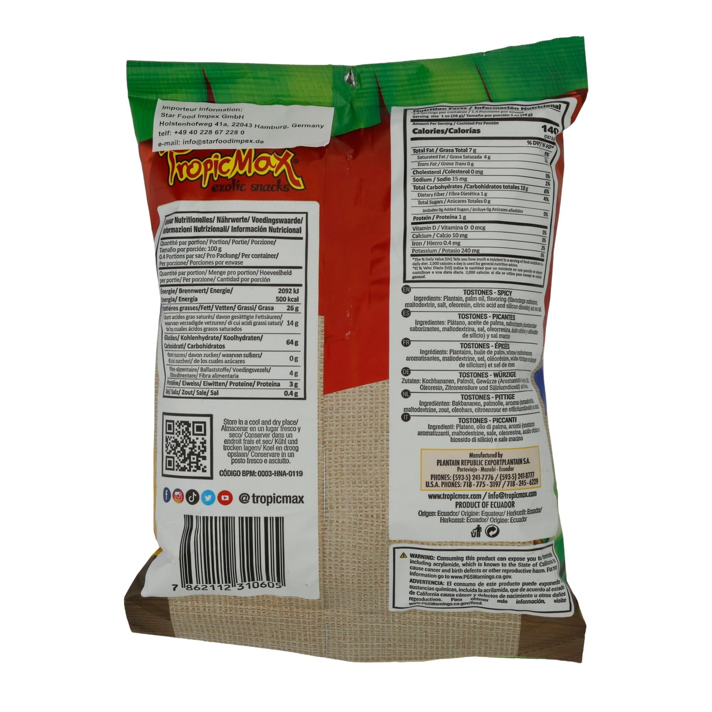 Tostones Hot-Spicy TropicMax | Kochbananenchips | Scharf | 57 g TROPIC MAX