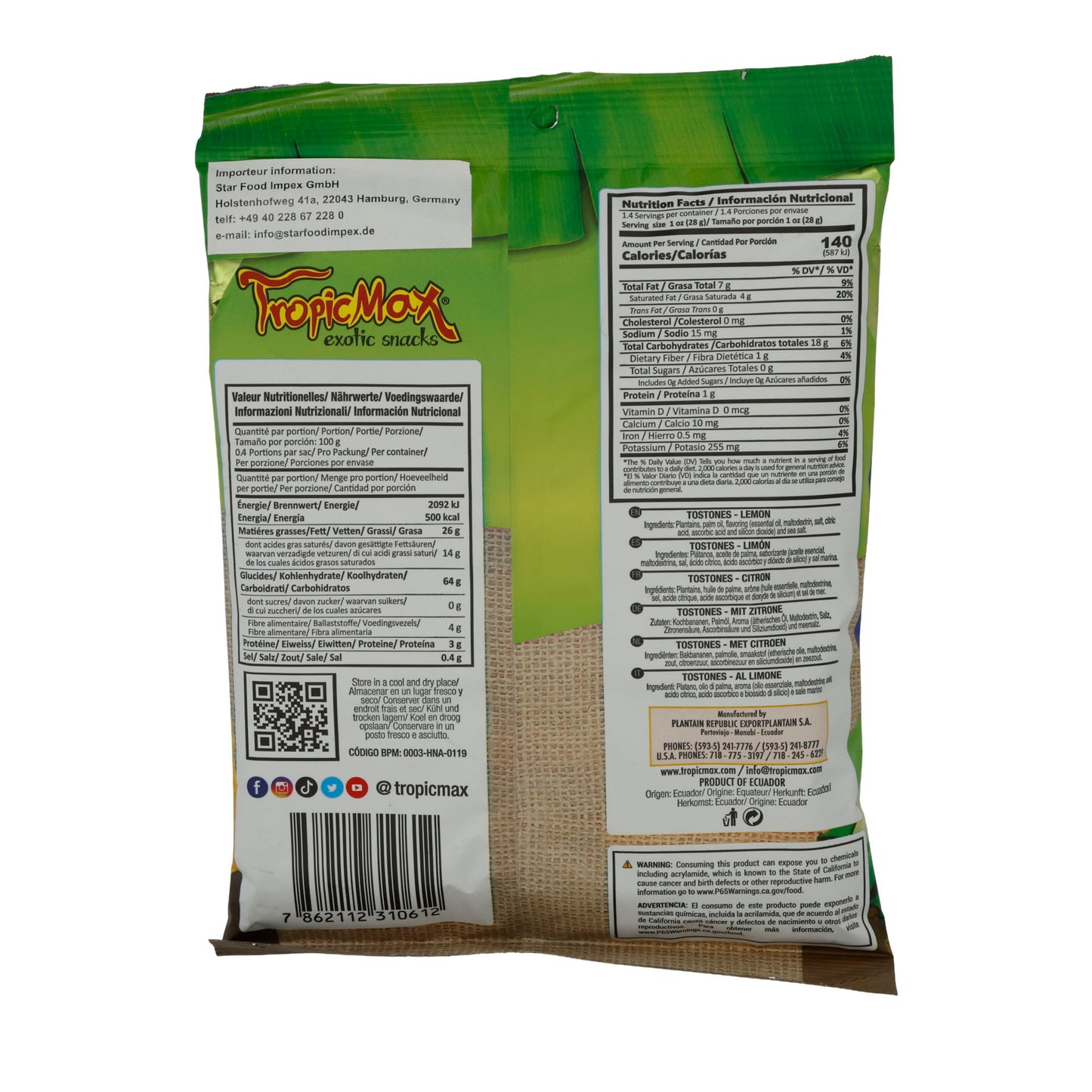 Tostones Lemon TropicMax | Knusprige Kochbananenchips | Mit Zitronengeschmack | 57 g
