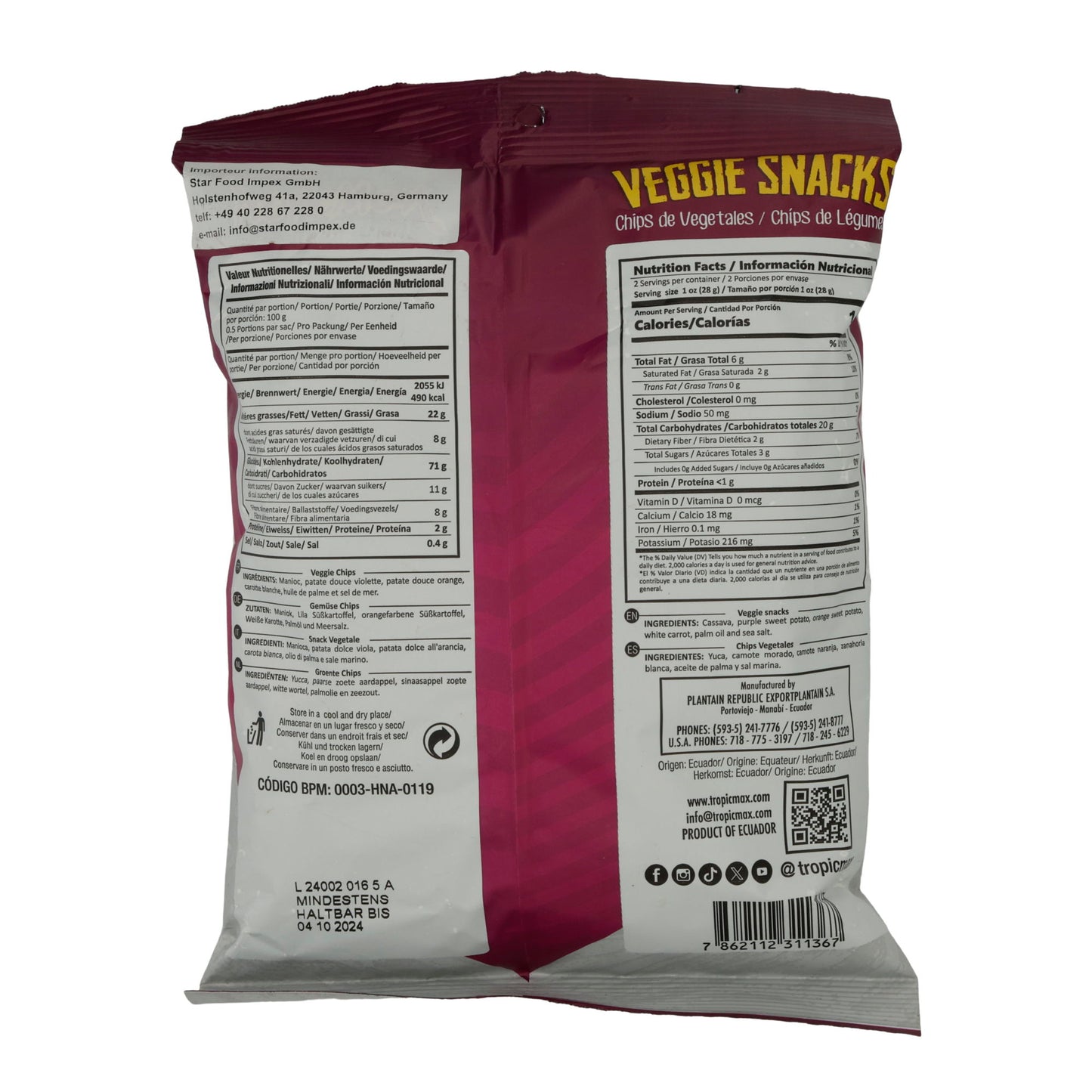 Veggie Snacks TropicMax | Knusprige Gemüsechips | Aus Süßkartoffeln, Cassava und Karotten | 57 g
