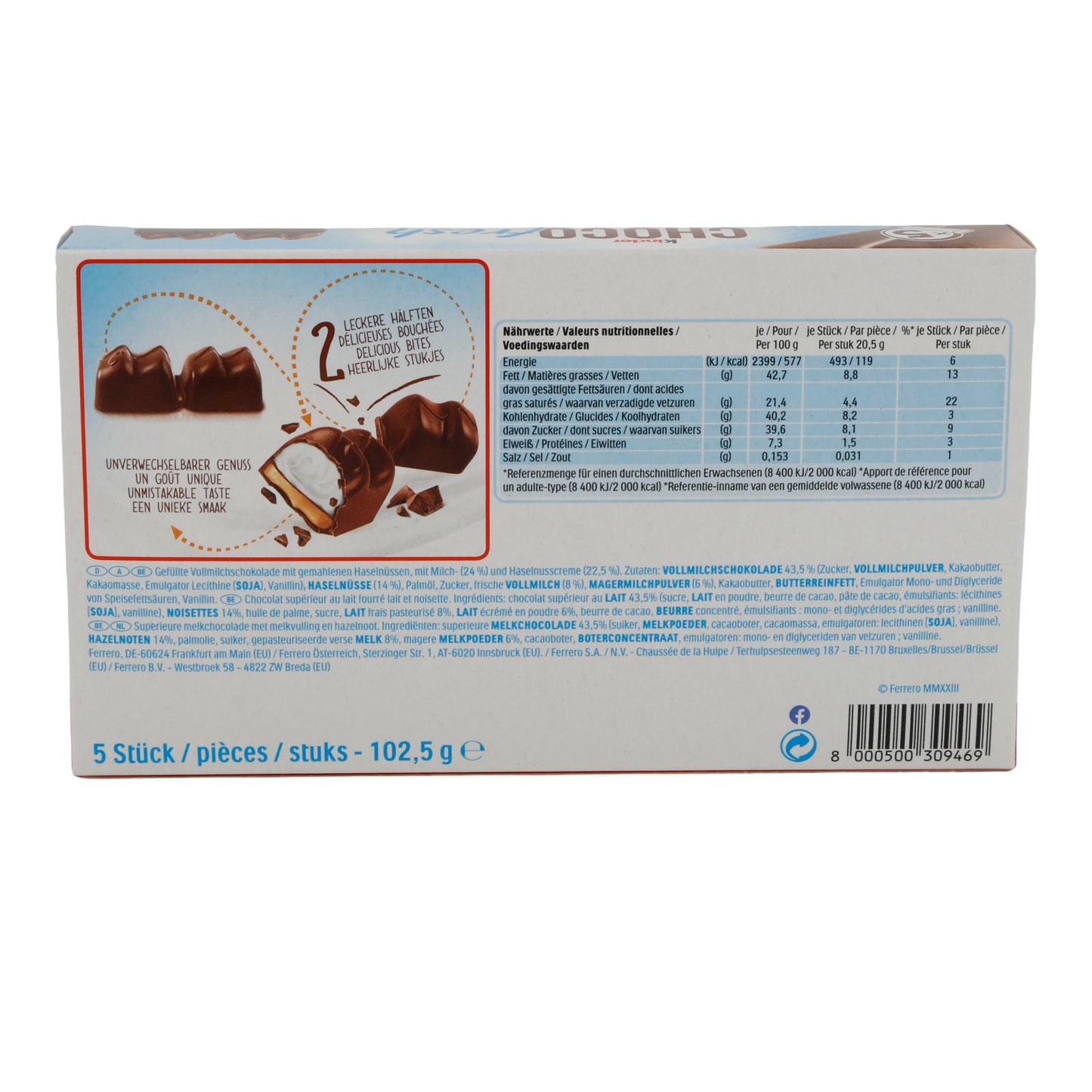 Schokoladengenuss Kinder Choco Fresh | Snack al latte | Con nocciola e crema di latte | 5×20,5 g